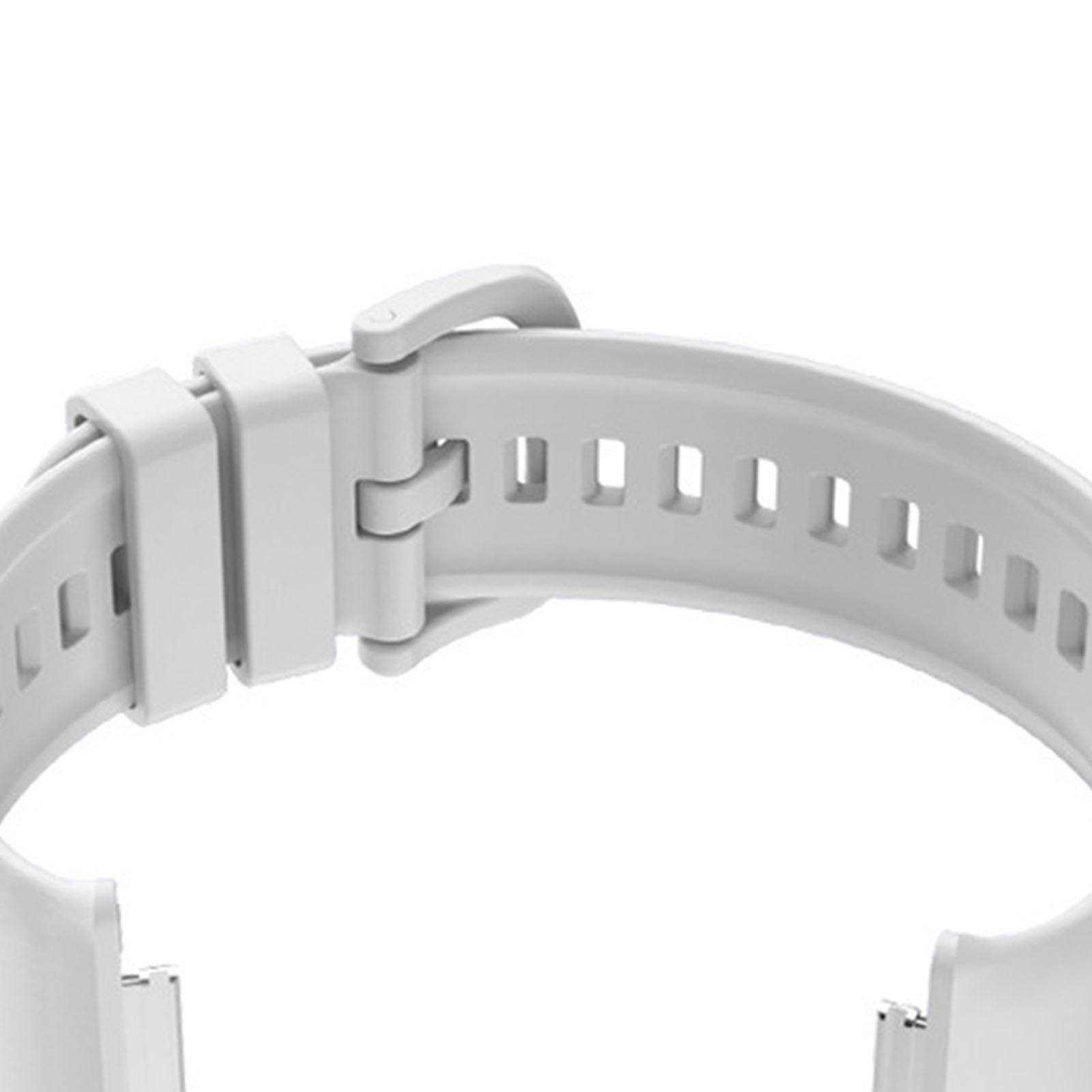 Nahaufnahme eines weißen Uhrenarmbands mit Schnalle.