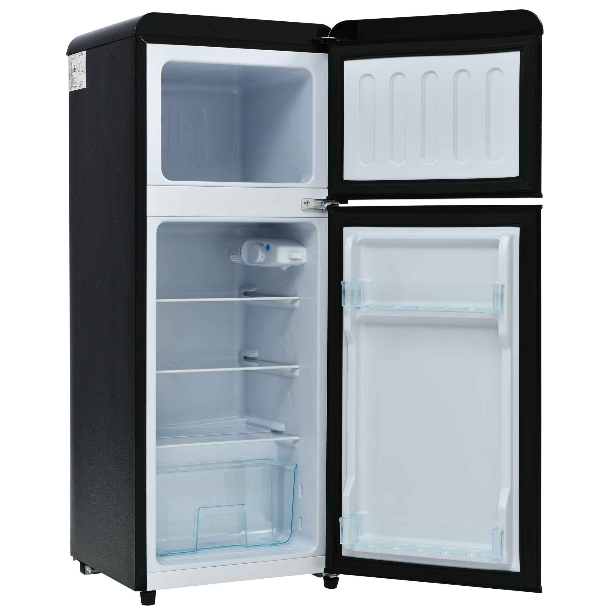 Ein schwarzer Kühlschrank mit zwei Türen und offen. Der Innenraum ist weiß.