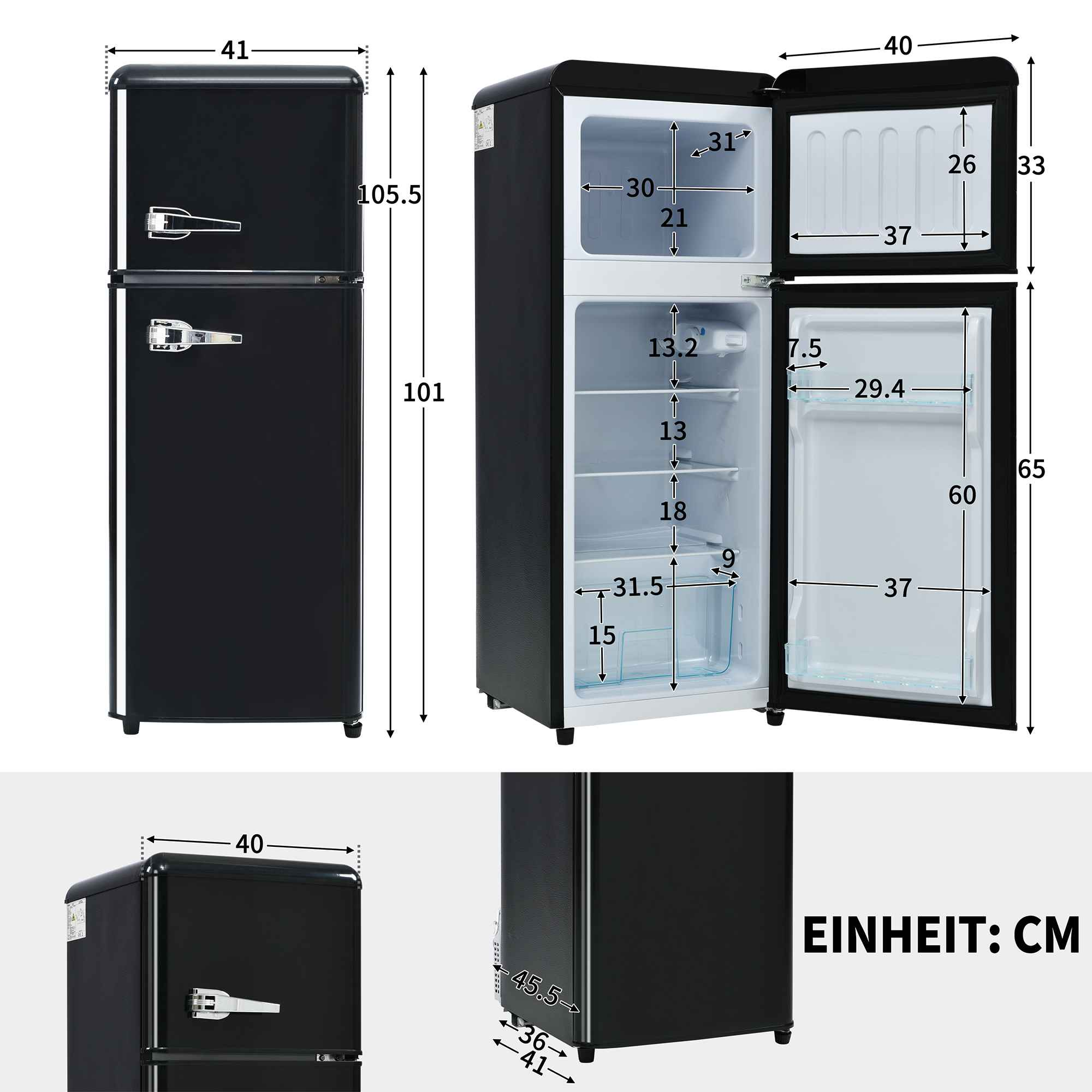 Ein schwarzer Retro-Kühlschrank, mit Maßen. Die Tür ist offen und zeigt das Innere.