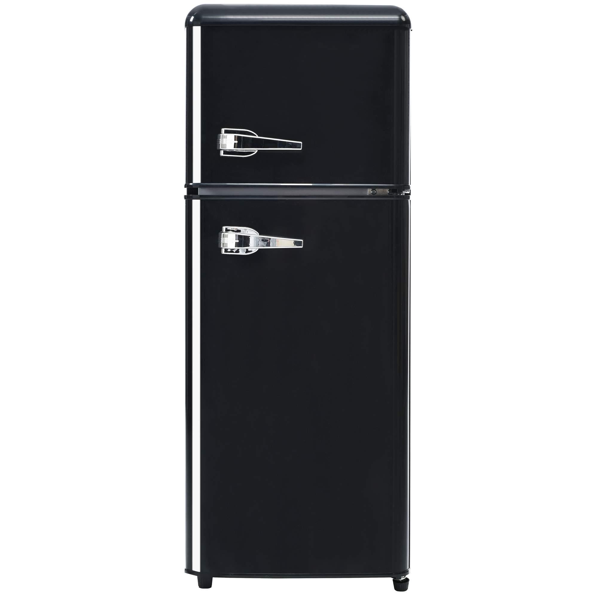 Schwarzer Retro-Kühlschrank mit zwei Türen und silbernen Griffen. Es steht in einem Raum.