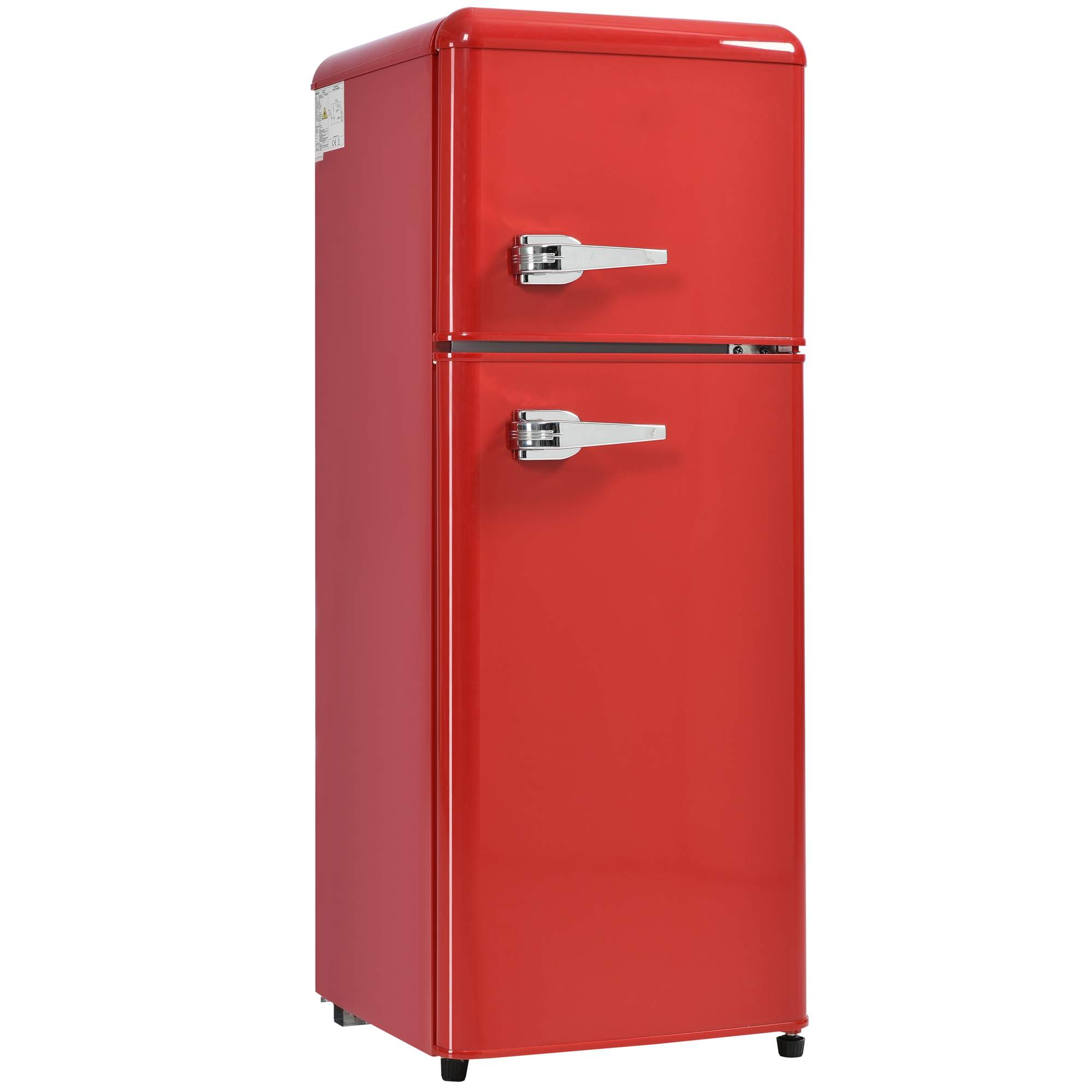 Ein roter Retro-Kühlschrank mit zwei Türen und silbernen Griffen.