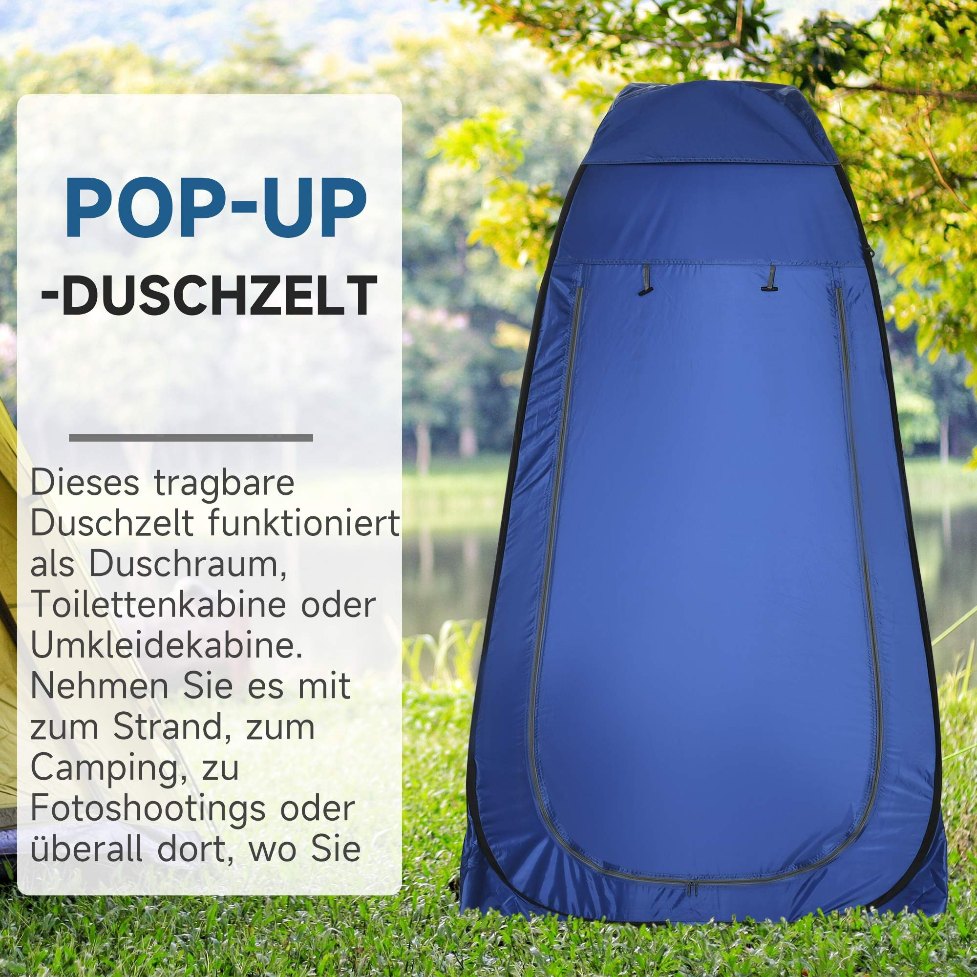 Ein blaues Pop-up-Duschzelt mit Text über seine Funktionen. Es steht im Freien.