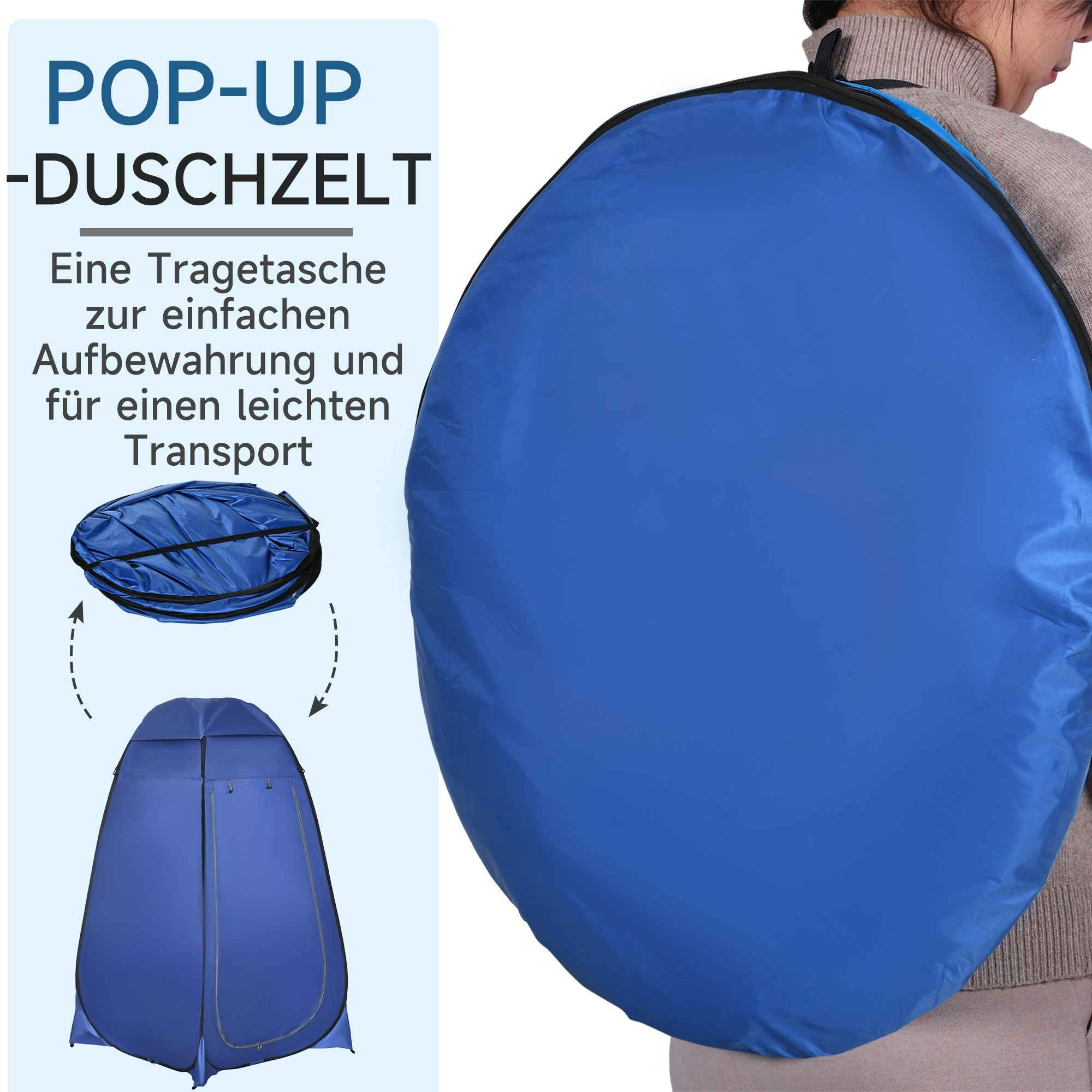 Ein blaues Pop-up-Duschzelt, gefaltet und entfaltet. Eine Person trägt das gefaltete Zelt auf dem Rücken.