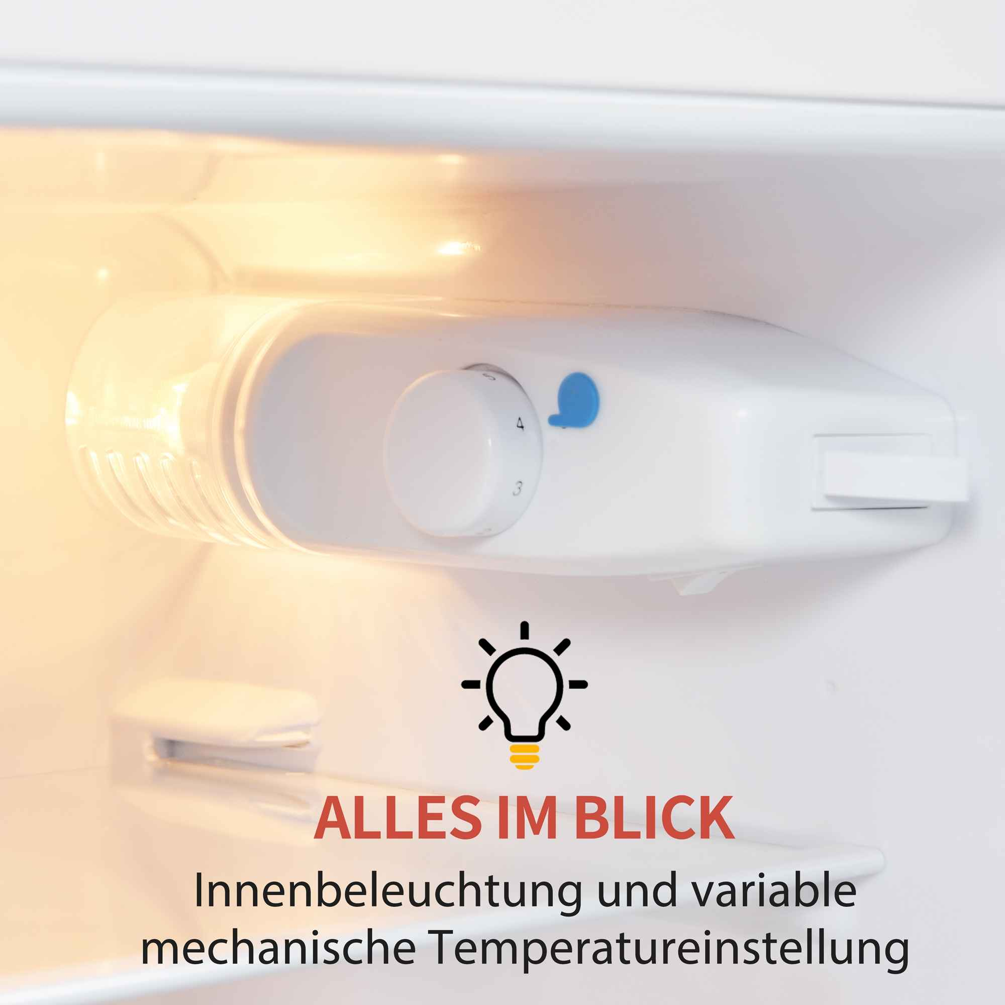 Nahaufnahme vom Inneren eines Kühlschranks. Zeigt einen Temperaturregler und ein beleuchtetes Glühbirnensymbol.