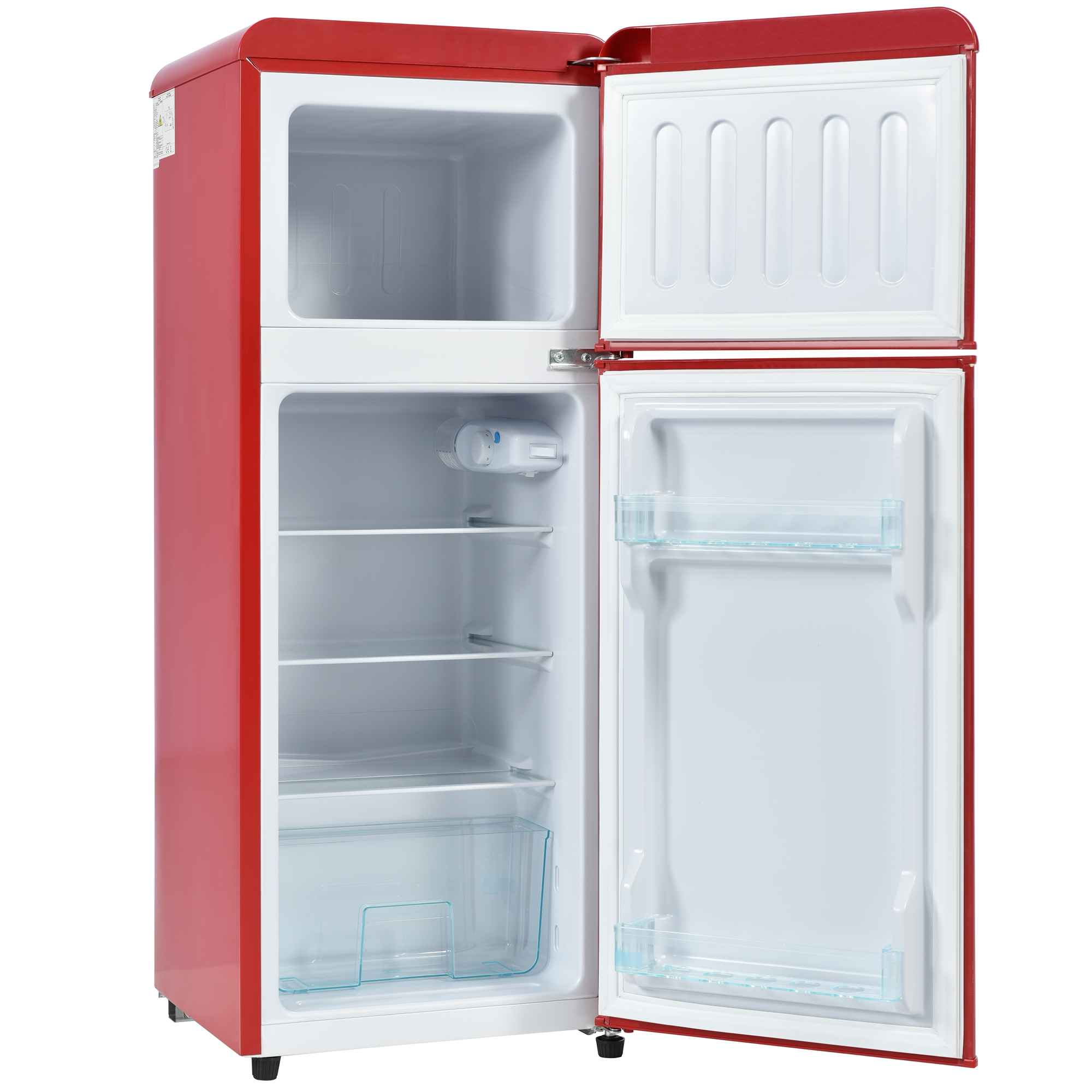 Ein roter Kühlschrank mit offener Tür, die Regale und ein Gemüsefach zeigt. Der Innenraum ist weiß.
