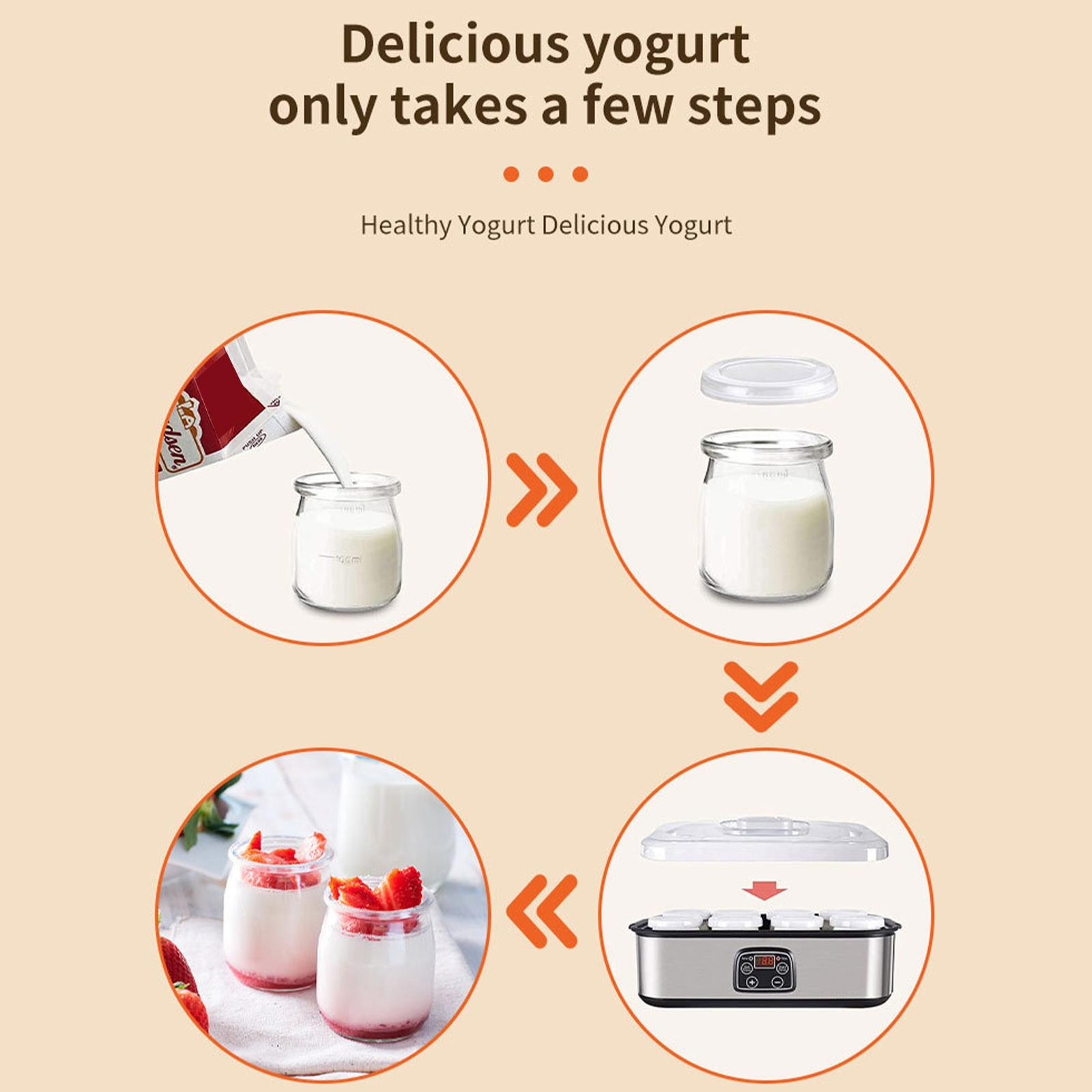 Eine Schritt-für-Schritt-Anleitung zur Herstellung von Joghurt, vom Eingießen der Milch bis zum fertigen Produkt.