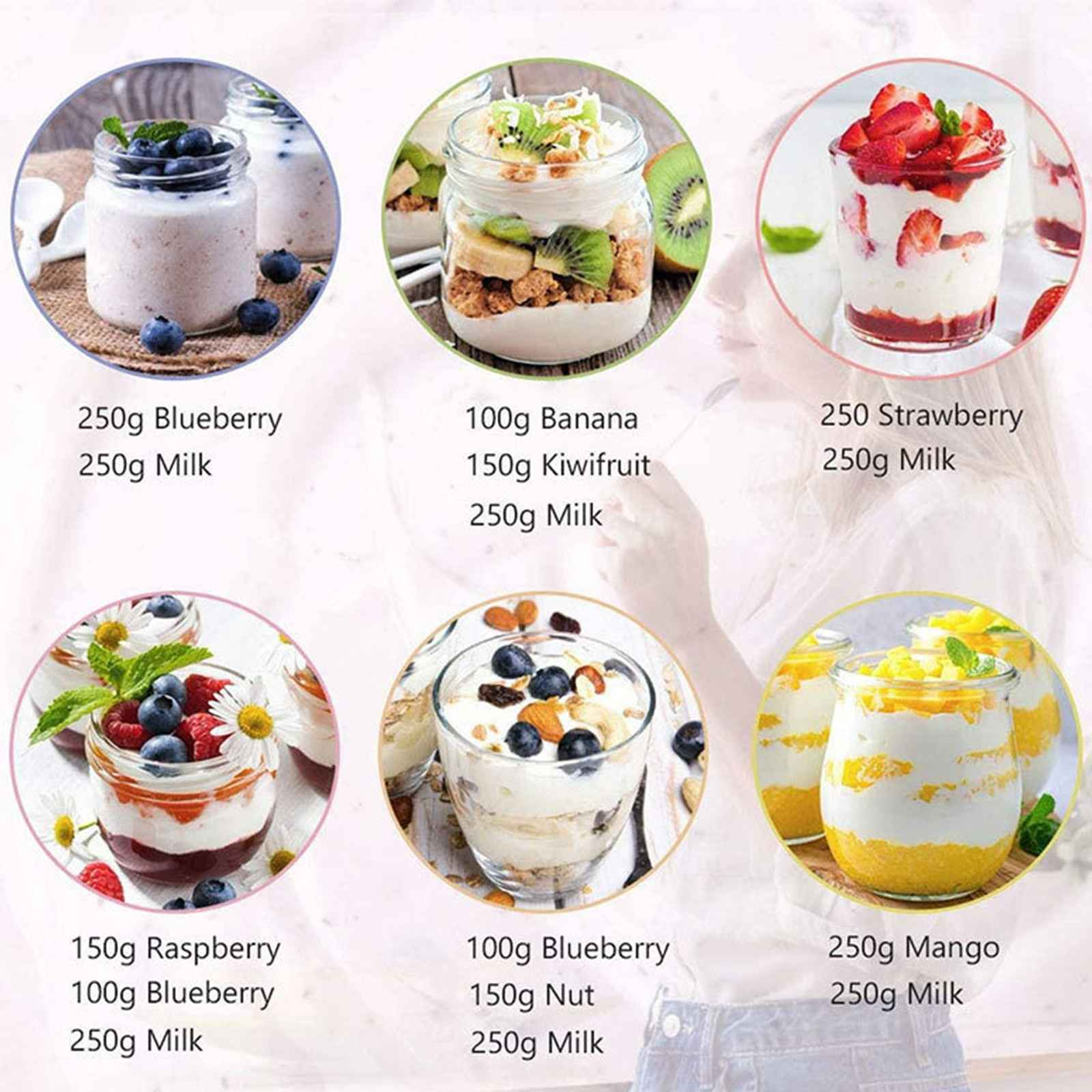 Sechs kleine Gläser mit verschiedenen Joghurt-Rezepten, jeweils mit Zutaten und Mengenangaben.