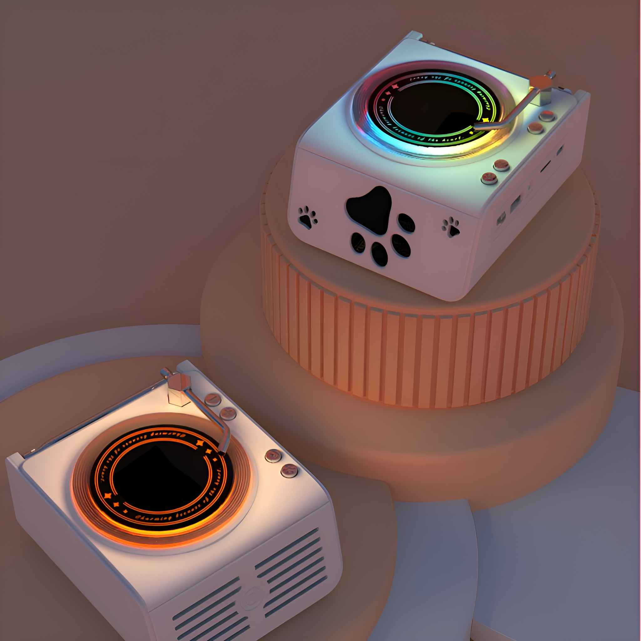 Zwei Musik-Player im Retro-Stil in einer Raumeinstellung, mit einem leuchtenden Design.