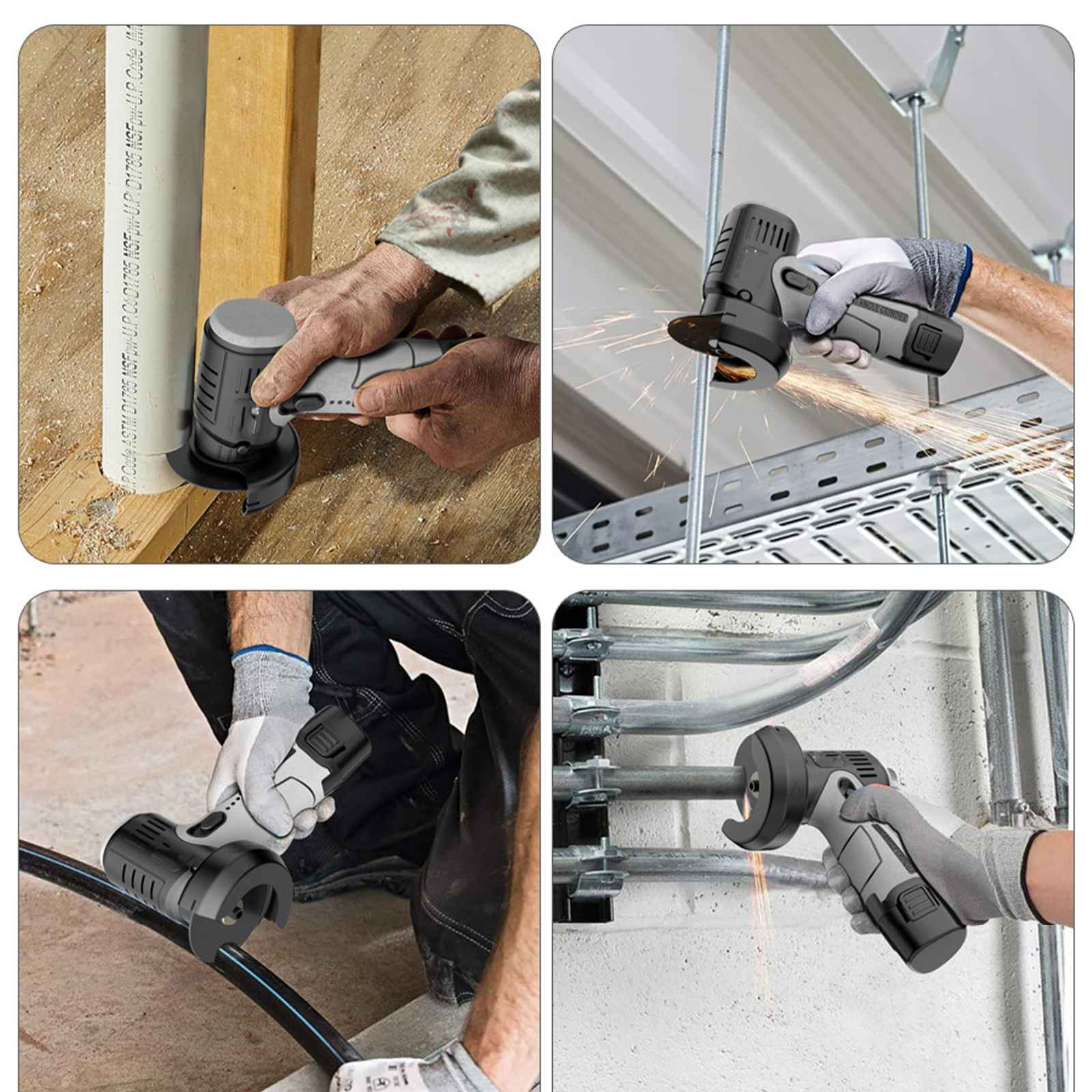 Vier Bilder, die den Einsatz des kabellosen Schleifers beim Durchtrennen von Rohren, Metall und anderen Materialien zeigen.