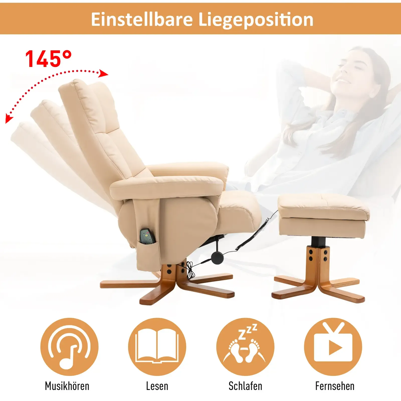 Relax-Sessel mit Hocker und eine entspannende Frau. Symbole zeigen Hören, Lesen, Schlafen und Fernsehen.