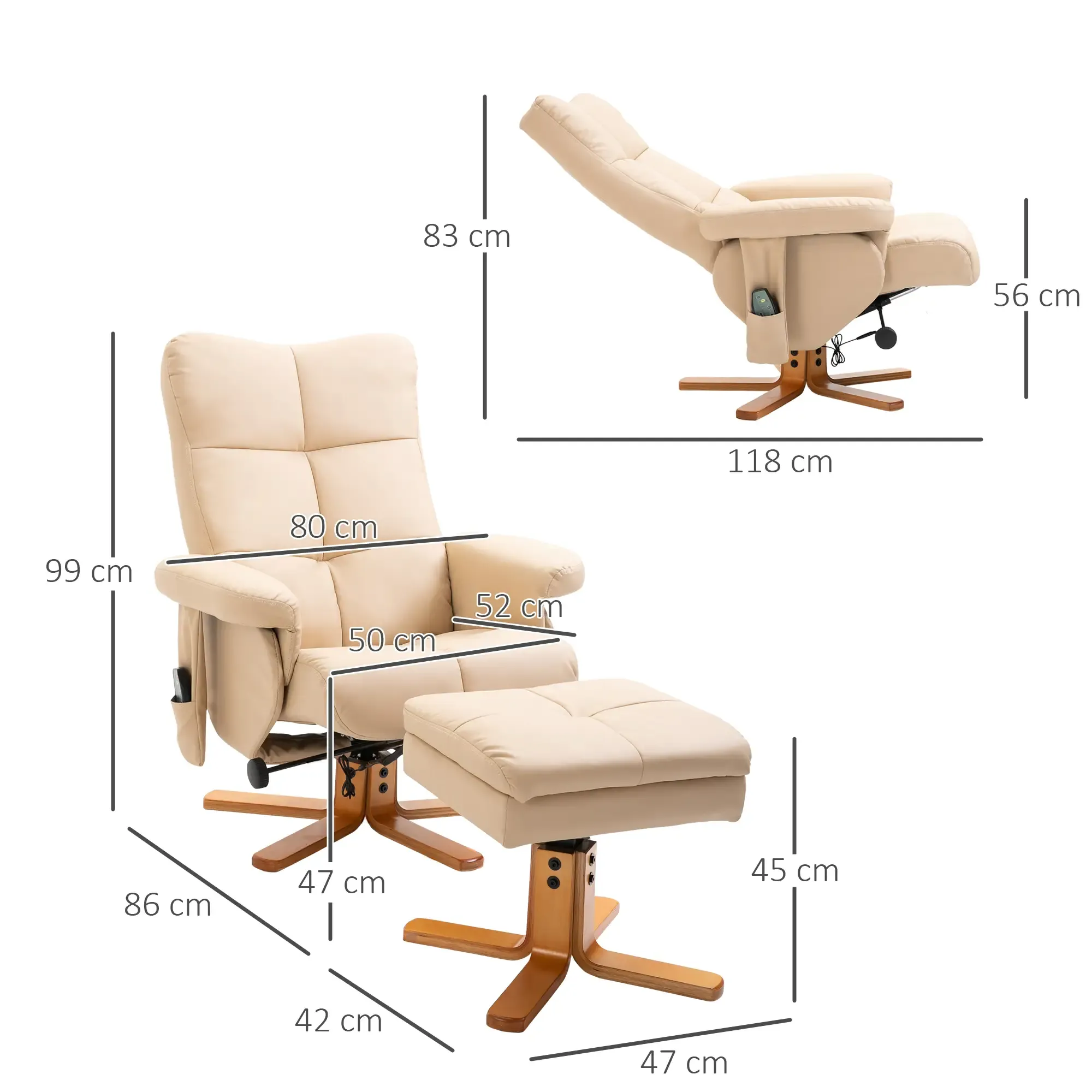 Diagramm eines Relaxsessels und Hockers mit Abmessungen in Zentimetern.