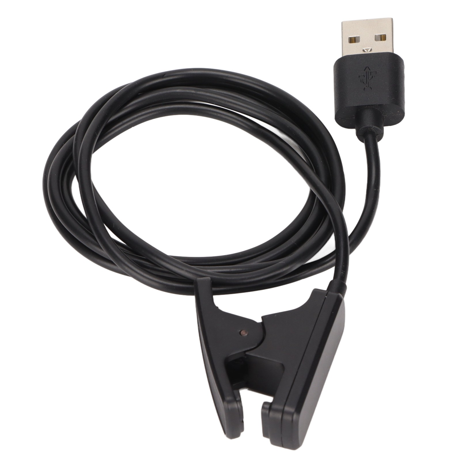 Schwarzes USB-Ladekabel mit Clip an einem Ende. Weißer Hintergrund.