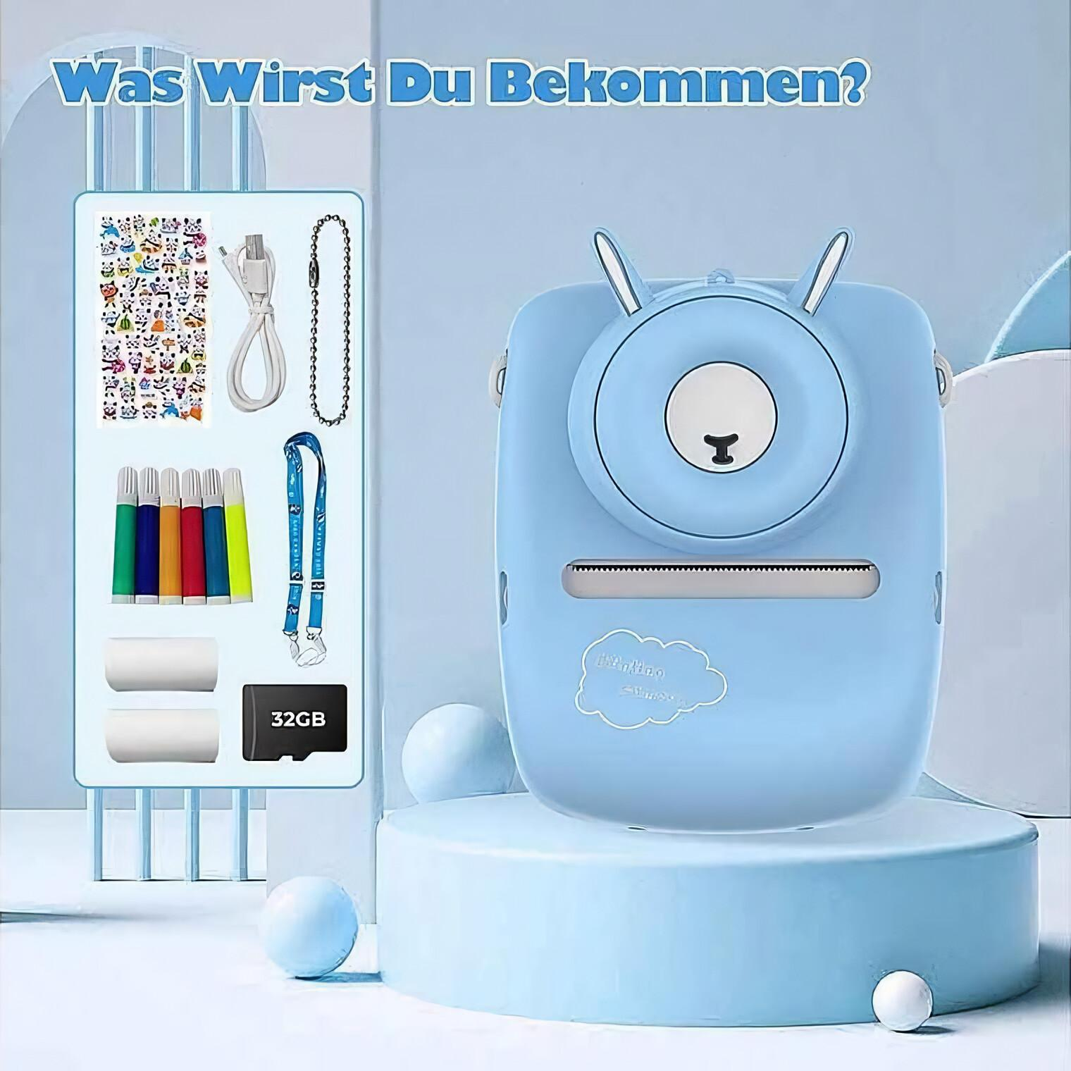 Sofortbildkamera mit Zubehör, darunter Aufkleber, ein Schlüsselband, Stifte und eine 32GB-Karte.