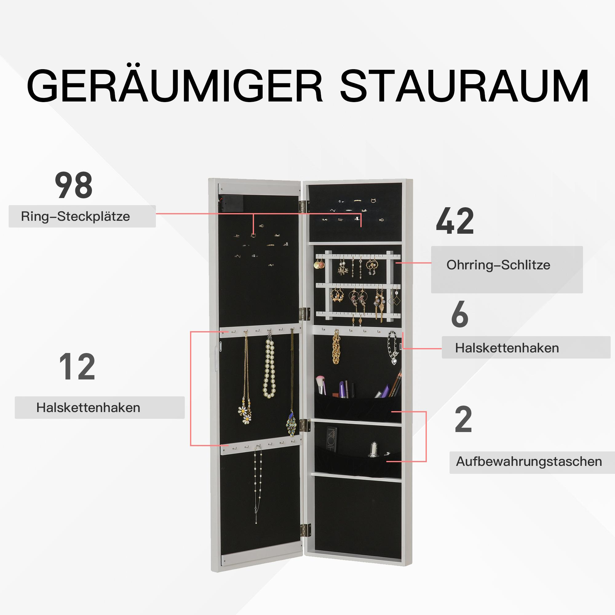 Weißer Schmuckschrank geöffnet, zeigt Ringe, Ohrringe, Halsketten und Aufbewahrungsfächer.