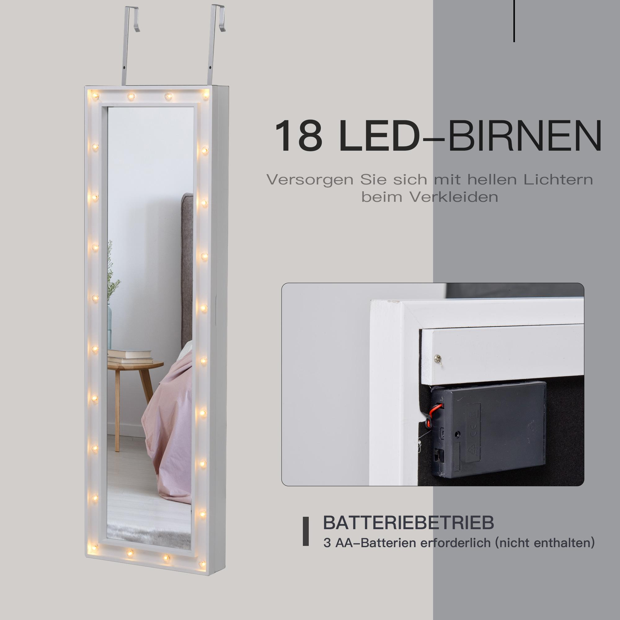Eine weiße Spiegeltür mit 18 LED-Leuchten. Die Tür ist geöffnet und hat ein schwarzes Innere.
