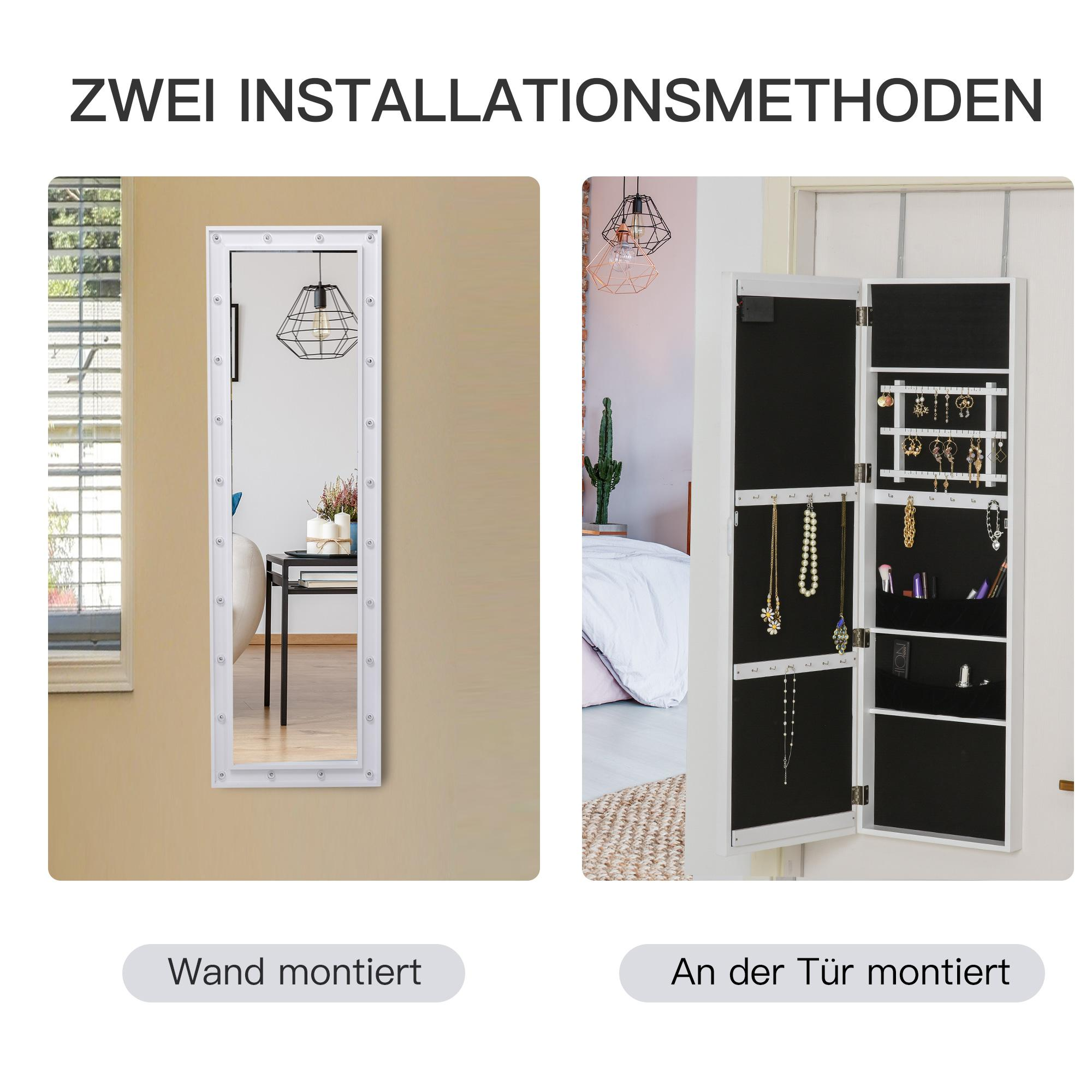 Zwei Installationsmethoden für einen weiß gerahmten Spiegel mit Schmuckaufbewahrung: Wand- und Türmontage.
