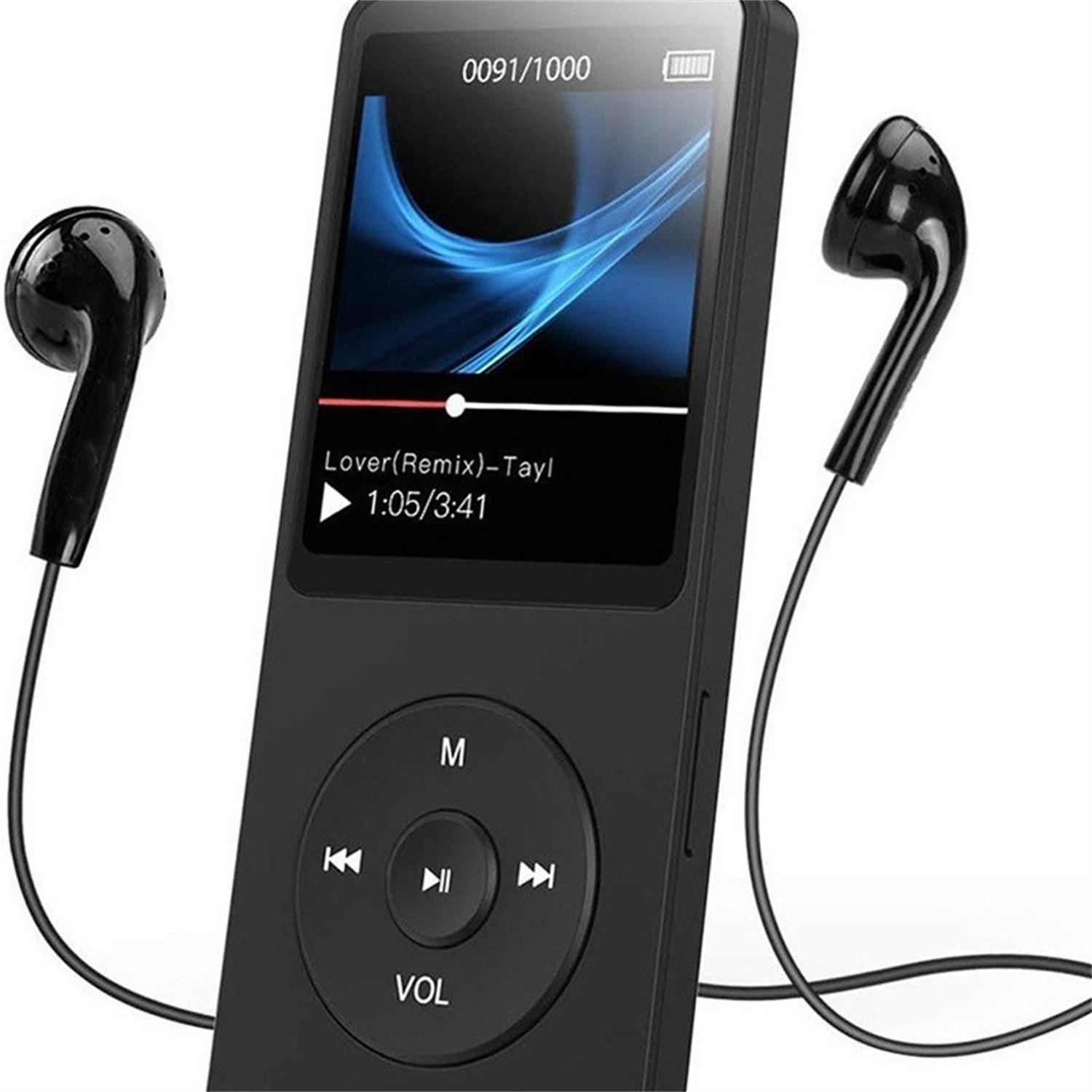 Schwarzer MP3-Player mit Bildschirm und Kopfhörern. Bildschirm zeigt Songinfo. Tasten zur Steuerung unten.