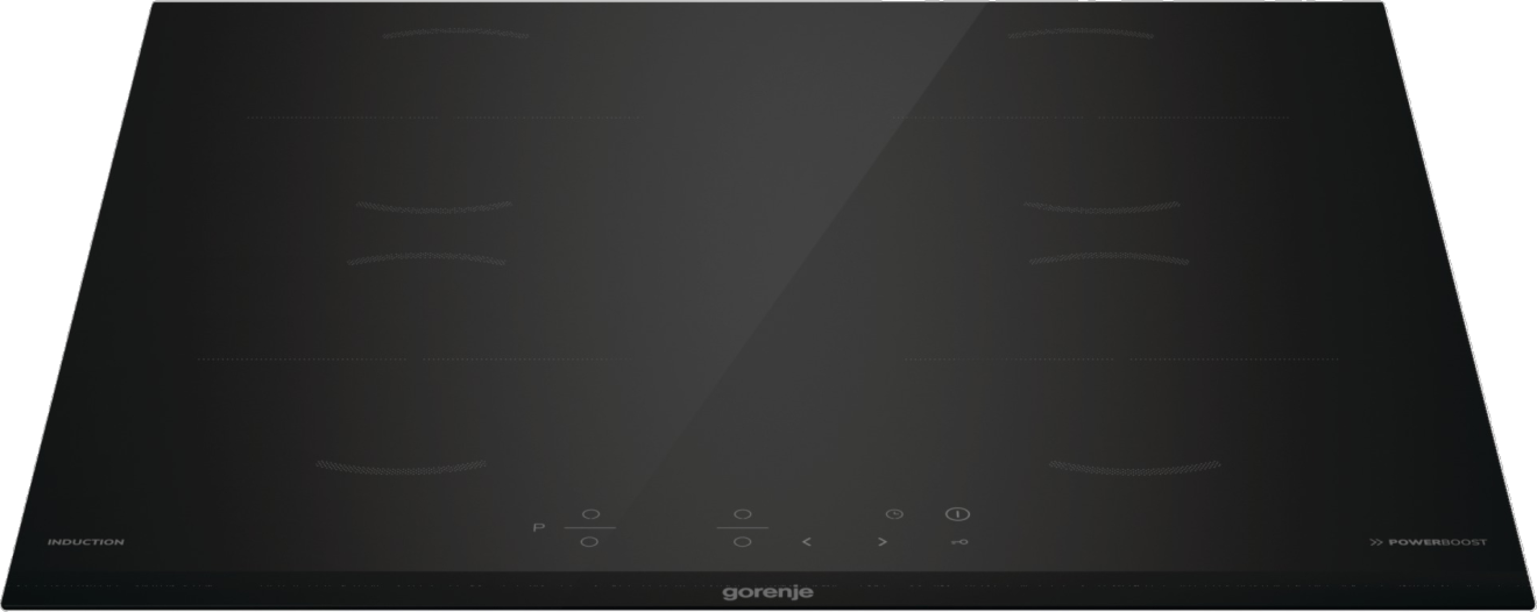 Czarna płyta indukcyjna z wieloma strefami gotowania. Posiada sterowanie dotykowe do zasilania i ustawień.
