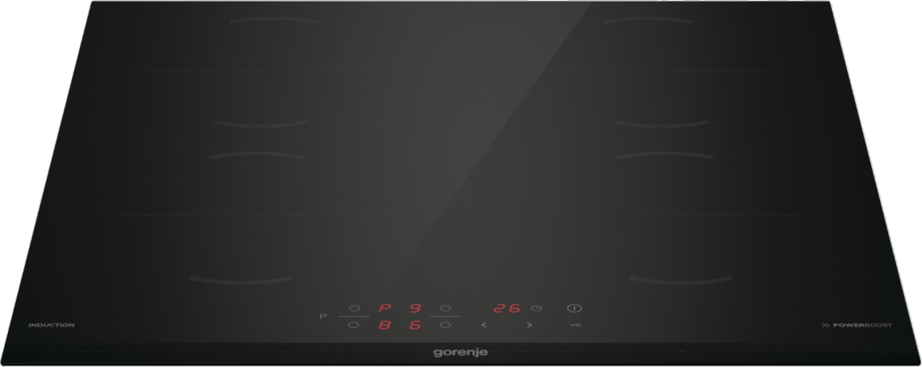 Czarna płyta indukcyjna z czterema strefami gotowania. Widoczne czerwone światła wyświetlacza.