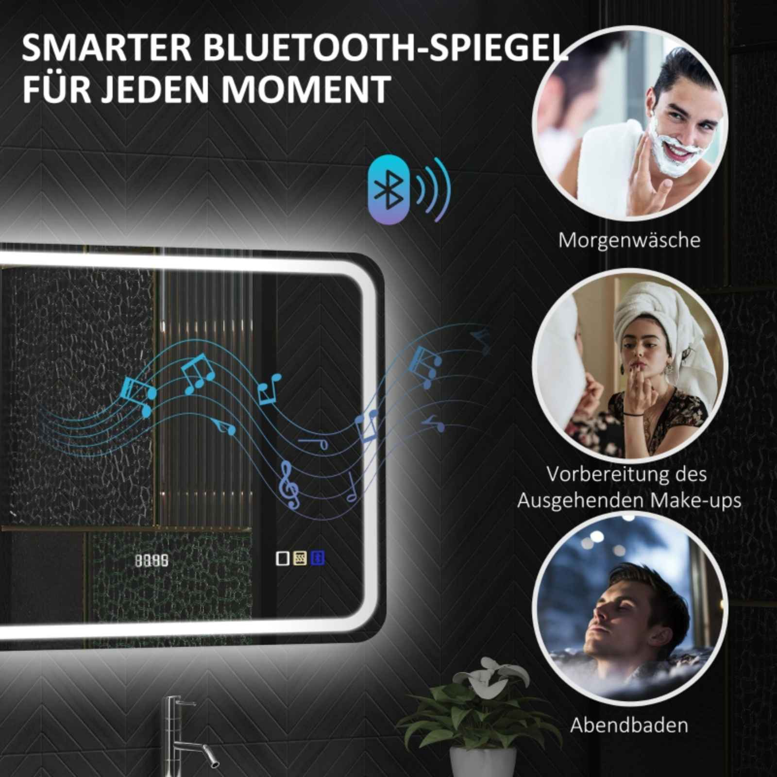 Ein intelligenter Bluetooth-Spiegel mit drei Bildern von Personen, die ihn benutzen.
