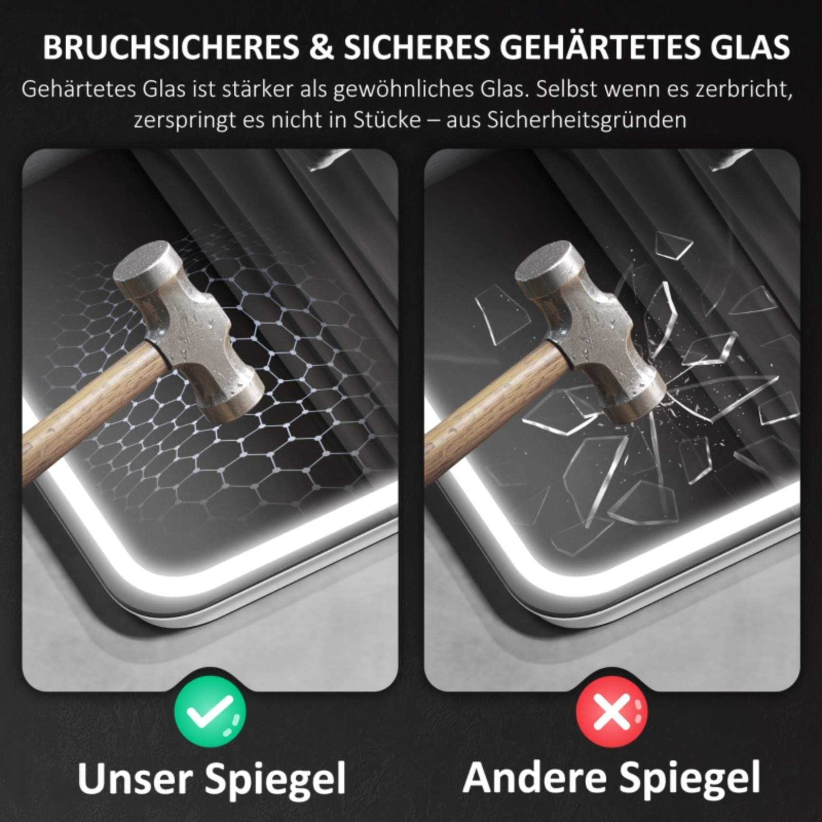 Bild vergleicht Spieglarten. Einer wird mit einem Hammer geschlagen und zerbricht. Der andere bleibt intakt.