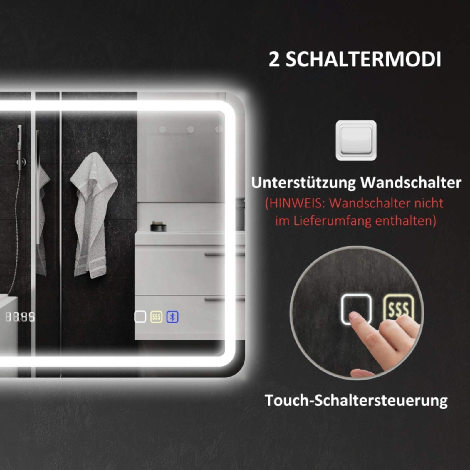 Ein intelligenter Spiegel mit Touch-Bedienelementen, mit Text auf Deutsch. Badezimmereinstellungen werden gezeigt.