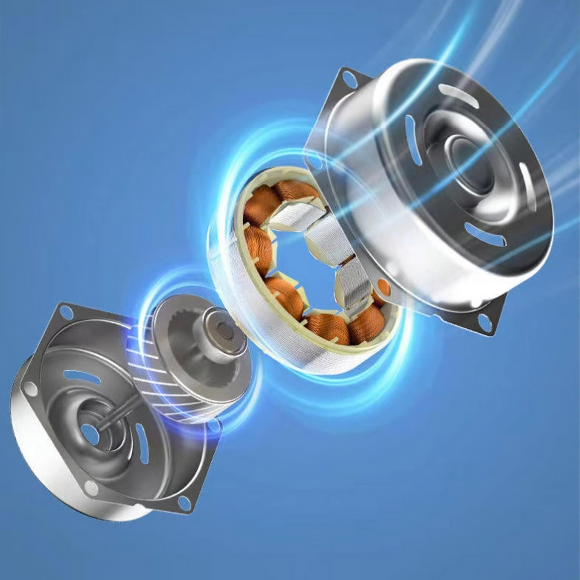 Explosionsansicht eines Lüftermotors mit Innenkomponenten und blauen Energieringen.