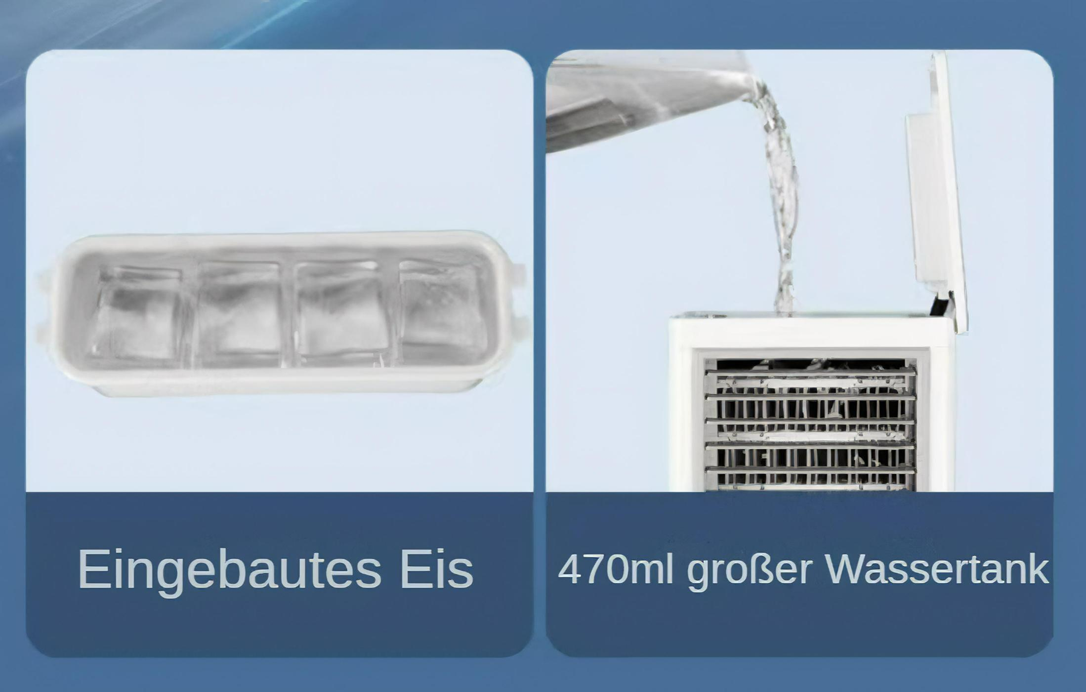 Das Bild zeigt einen Eiswürfelbehälter und einen 470 ml Wassertank, beide mit Text beschriftet.