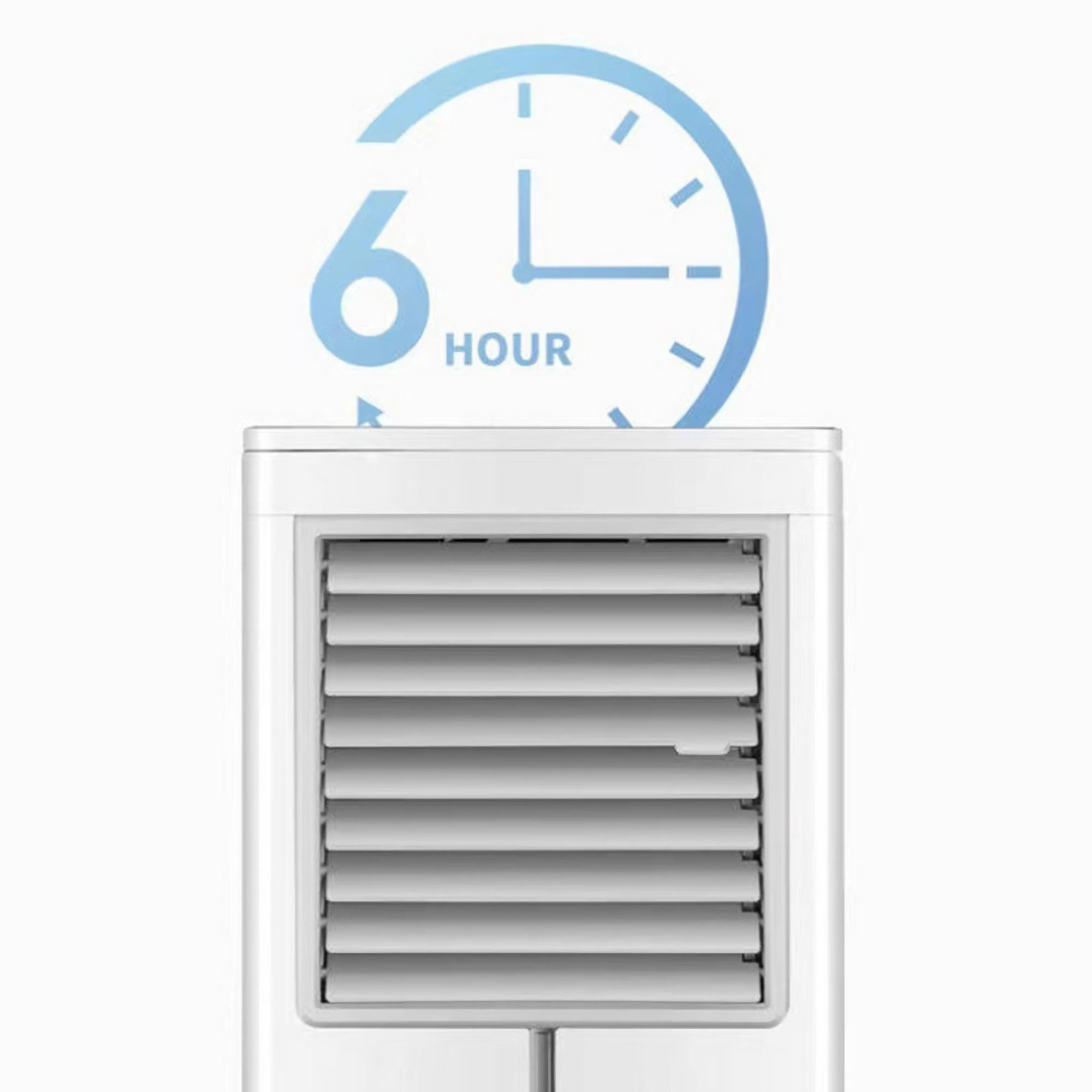 Weißer Luftkühler mit einem 6-Stunden-Timer-Symbol darüber, vor weißem Hintergrund.