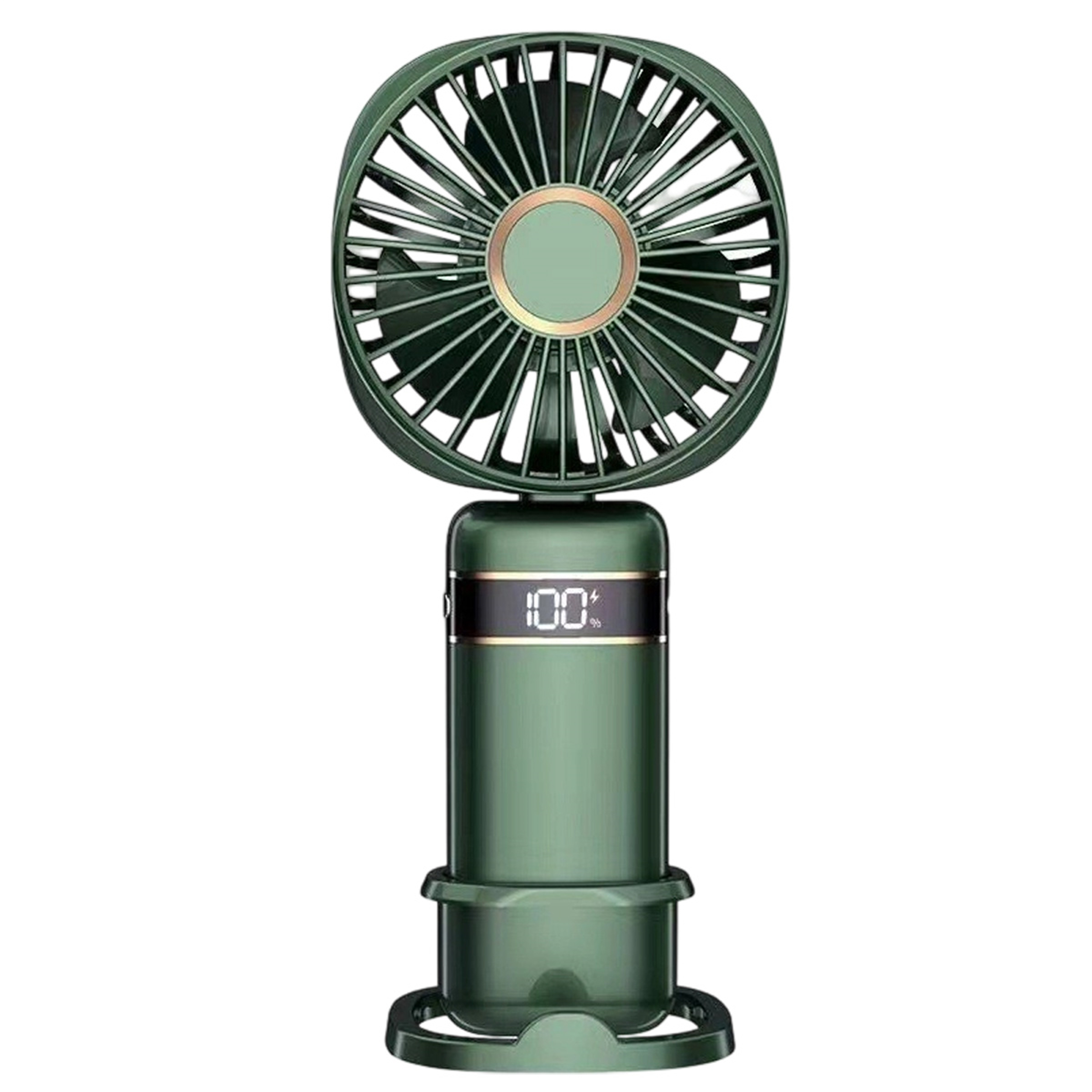 Grüner Handventilator mit Digitalanzeige, die 100% anzeigt, auf weißer Oberfläche platziert.
