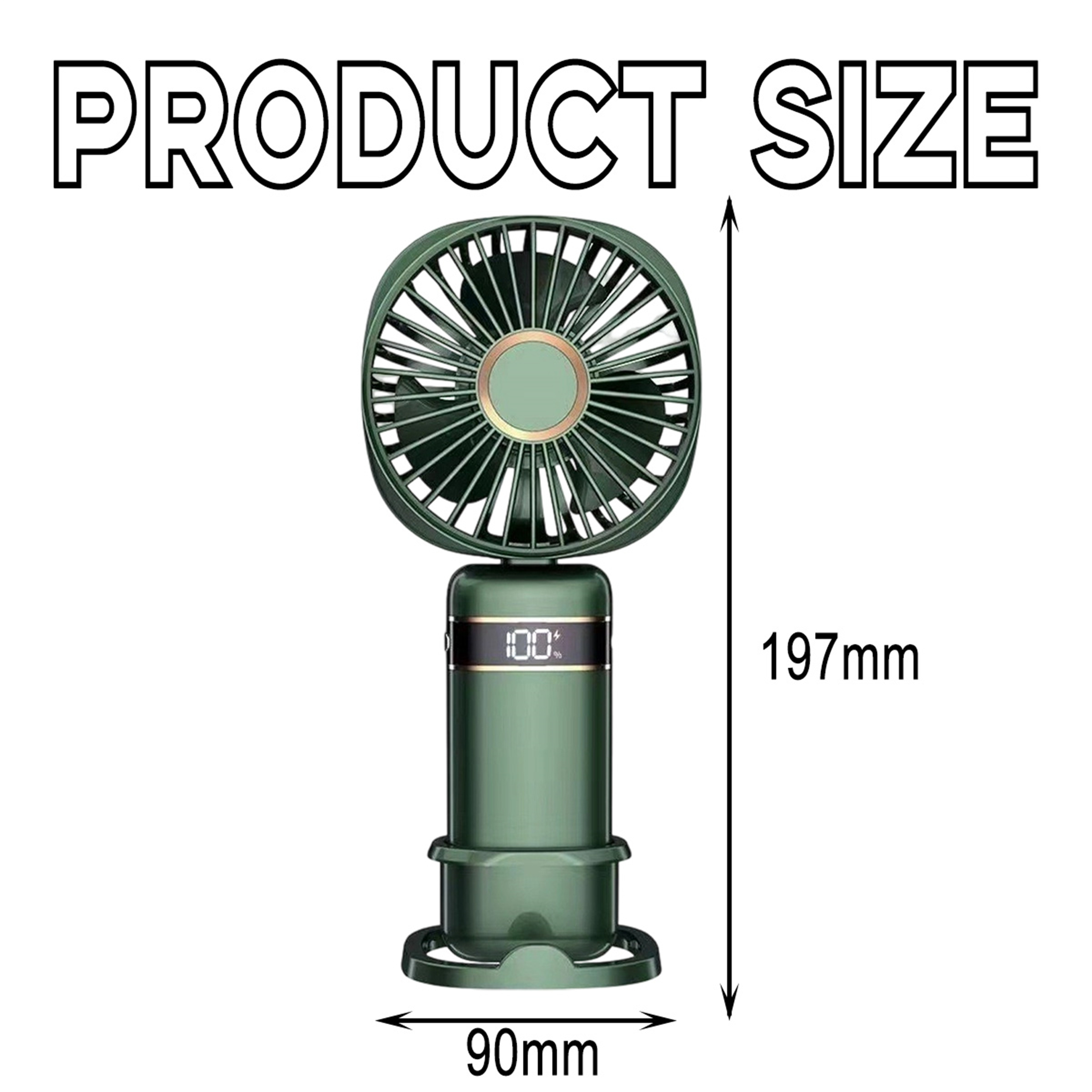 Grüner Handventilator mit Digitalanzeige, Abmessungen: 197 mm Höhe, 90 mm Breite.