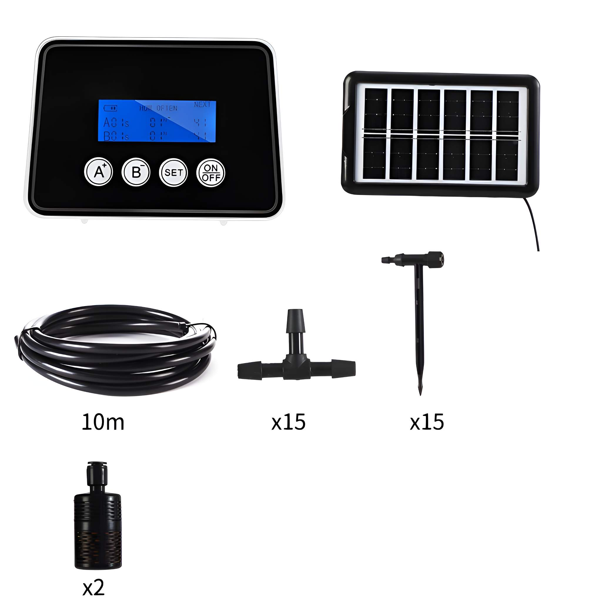 Verschiedene Bewässerungssystemkomponenten: Bedienfeld, Solarpanel, Schläuche, Verbinder und Tropfer.
