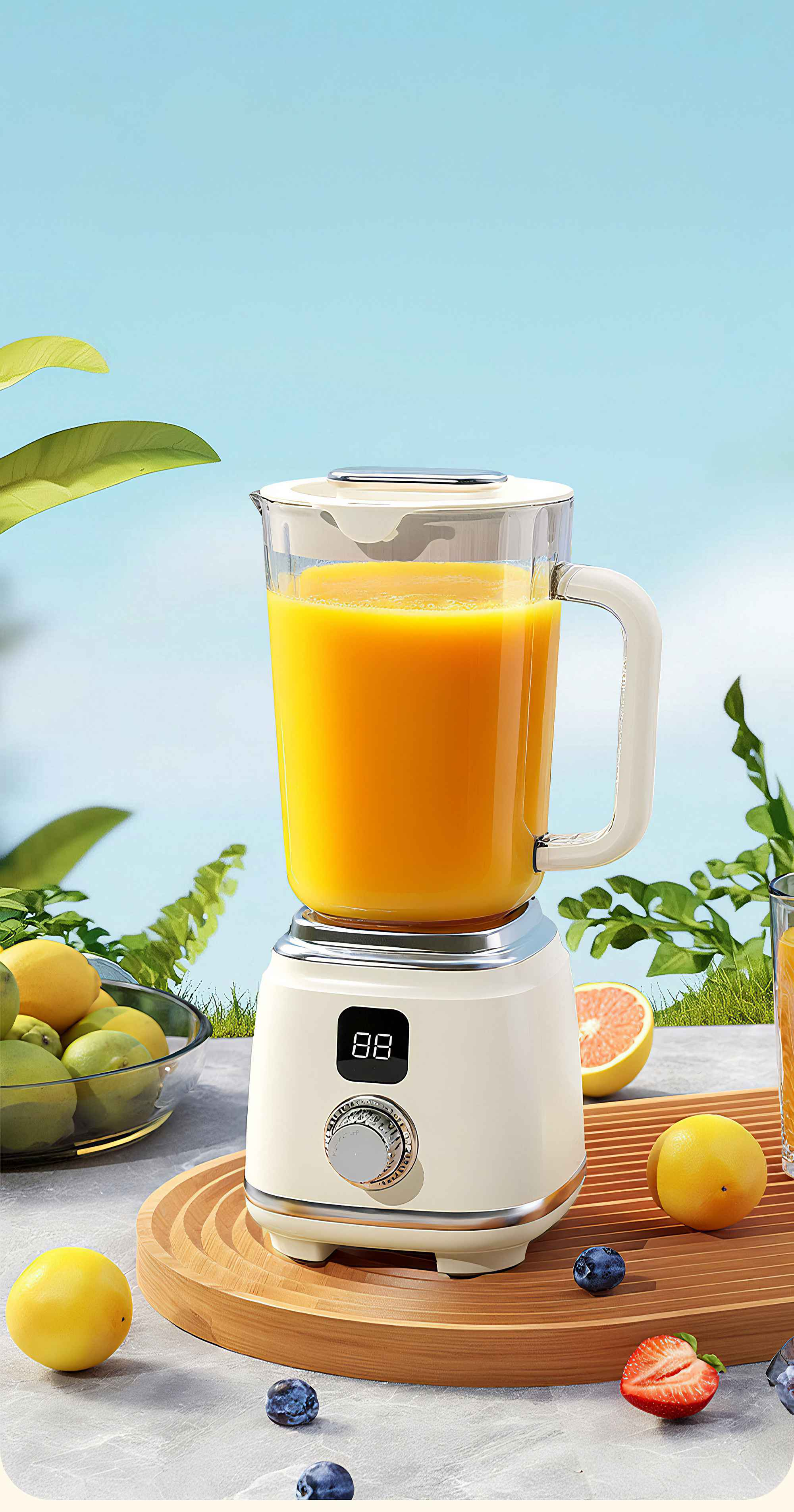 Ein Mixer mit Orangensaft und Früchten, der auf einem Holztablett mit natürlichem Hintergrund steht.