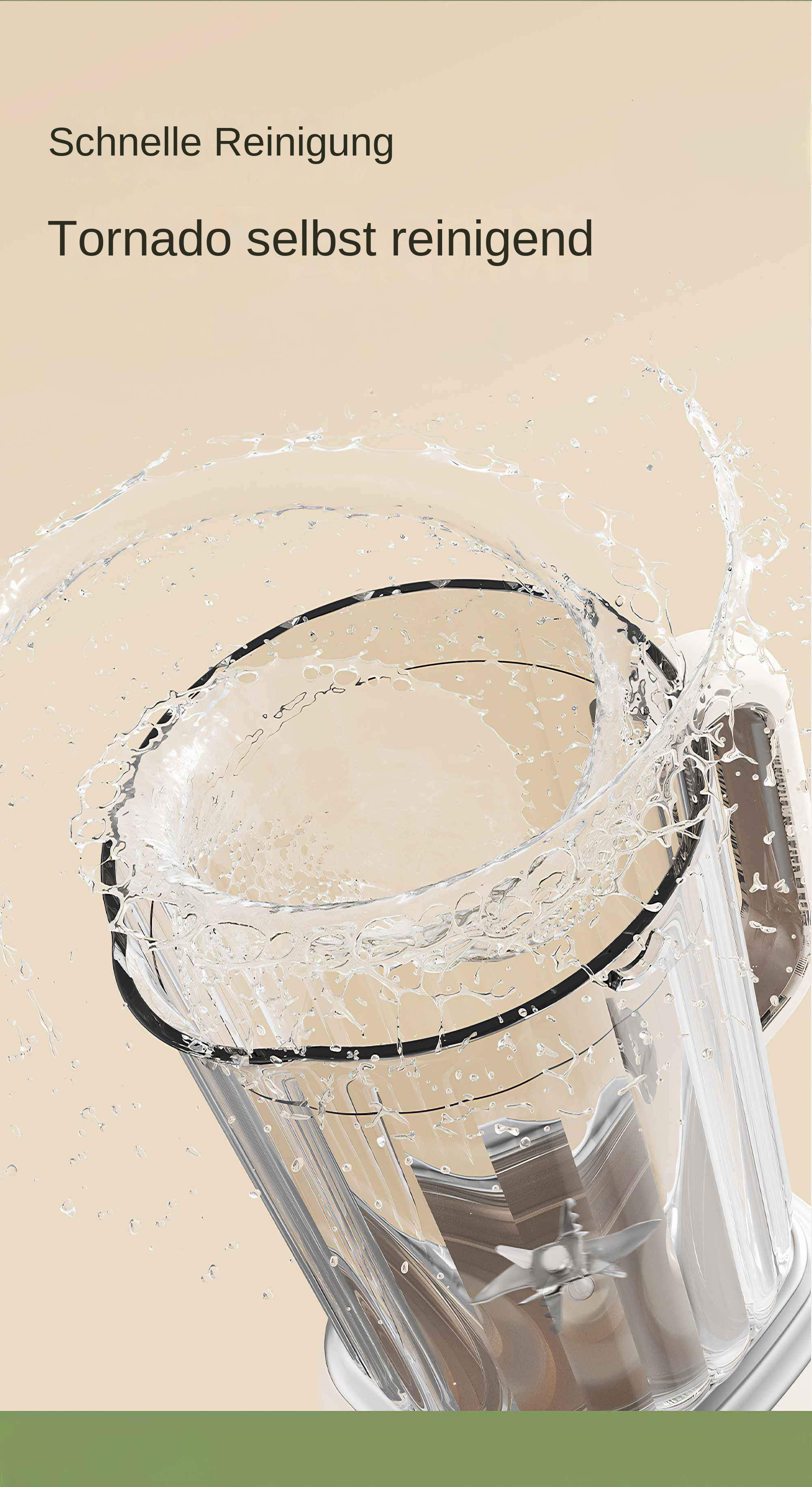 Ein Mixerkrug mit herausspritzendem Wasser, mit Text im Hintergrund.