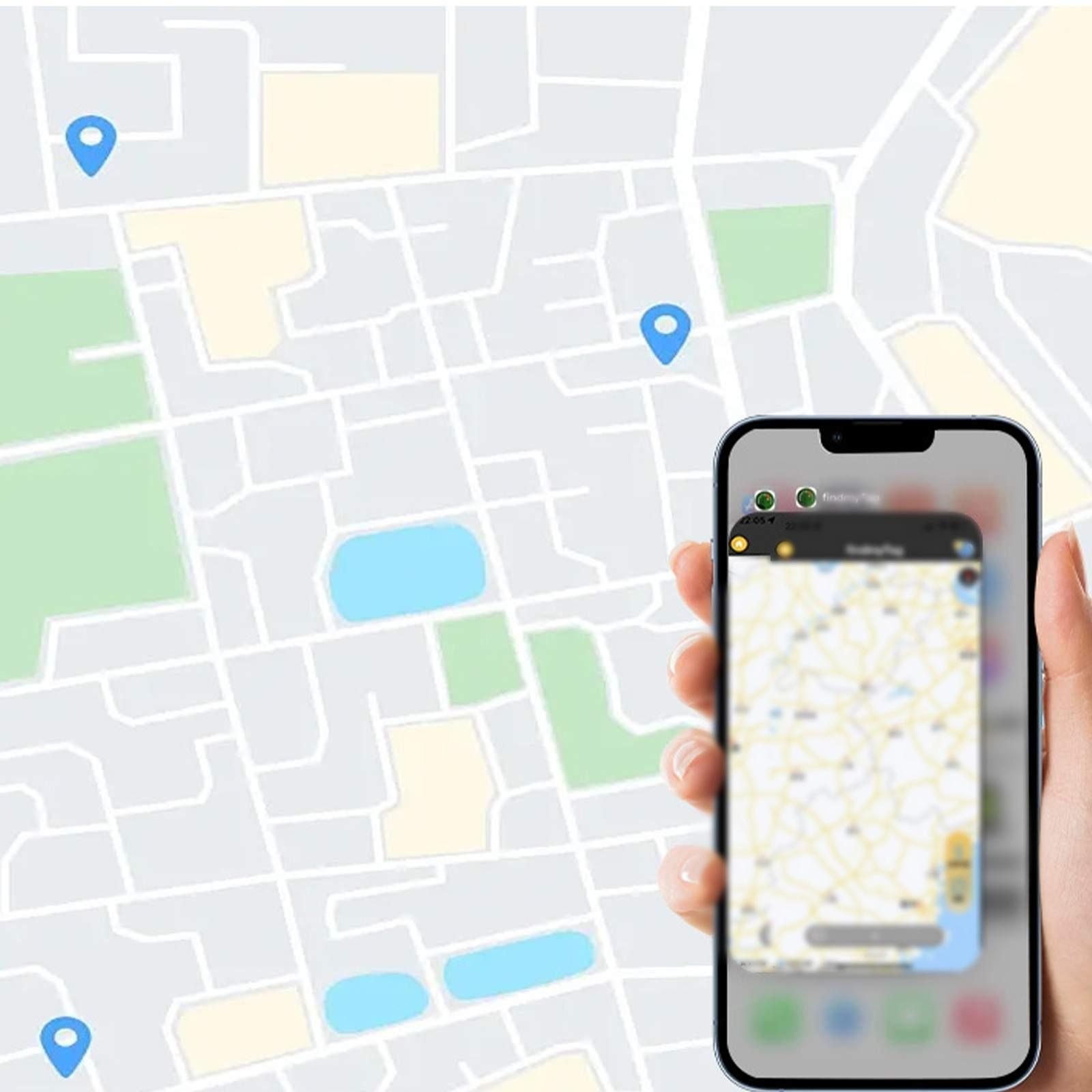 Eine Hand, die ein Telefon mit einer Kartenanwendung mit Standortmarkierungen auf einer Karte hält.