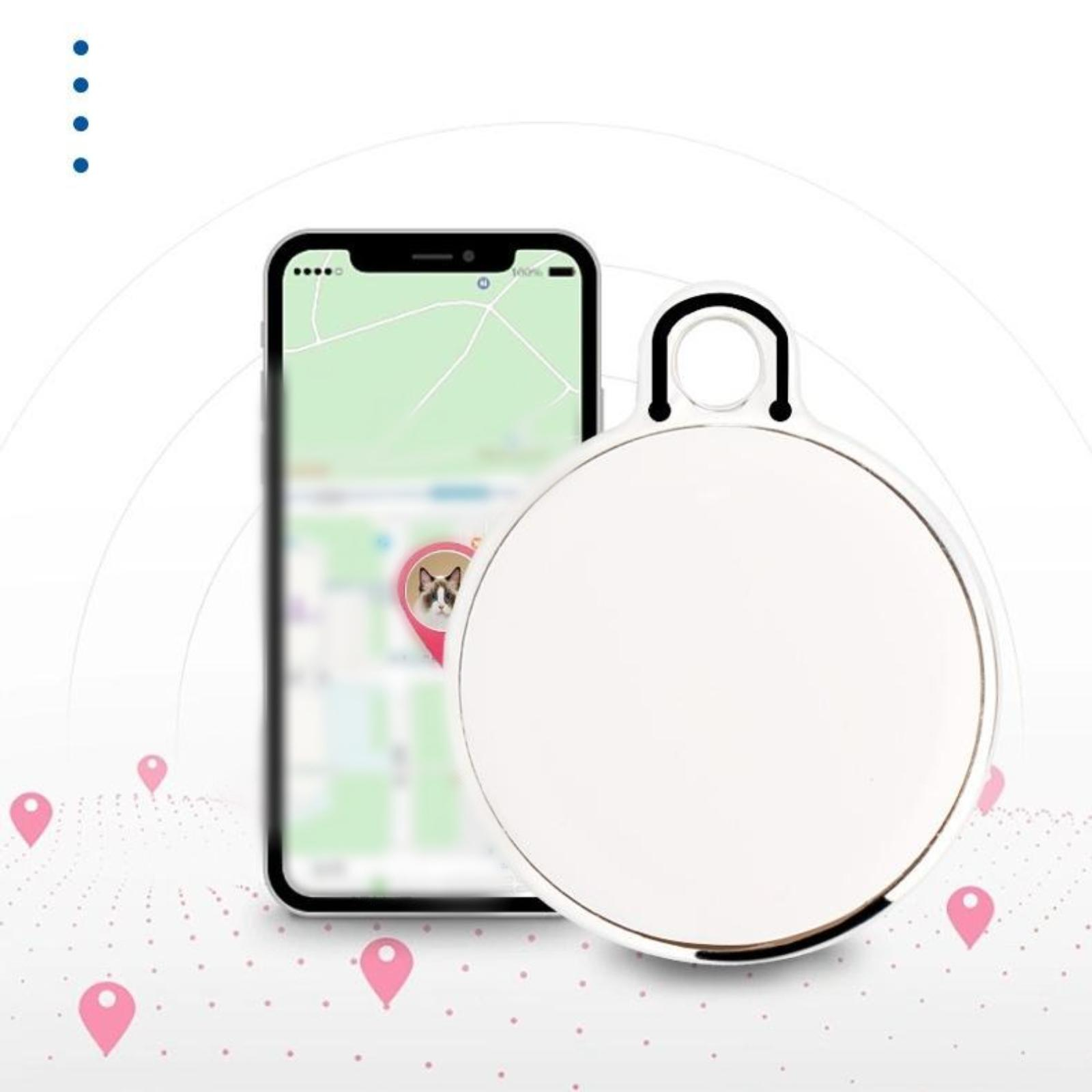 Ein Telefon, das eine Kartenanwendung mit Standortmarkierungen und einen weißen runden Anhänger zeigt.