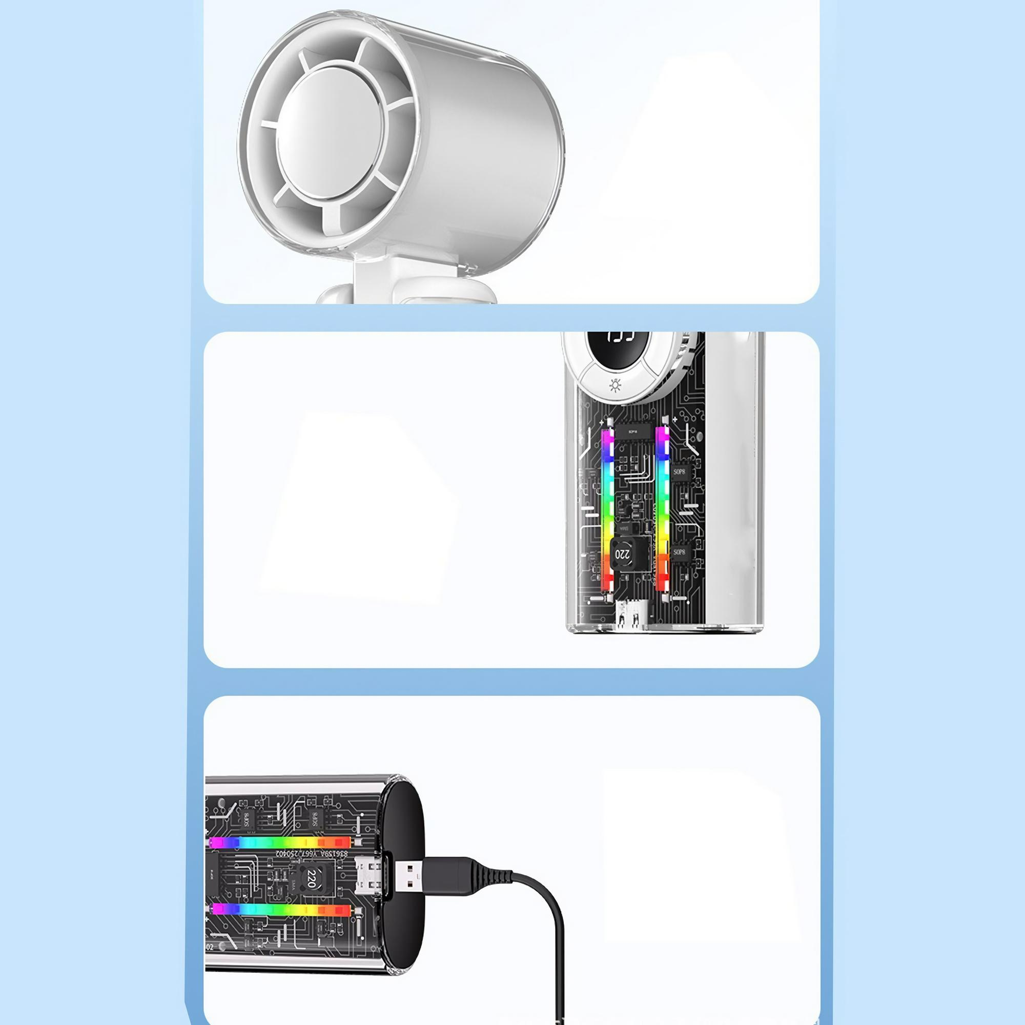Ein weißer Ventilator mit Digitalanzeige, mit internen Komponenten, die von bunten Lichtern beleuchtet werden.
