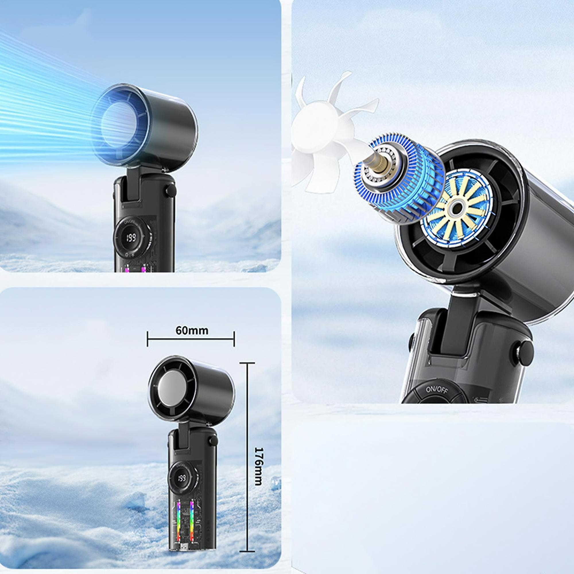 Ein Ventilator mit Abmessungen und sichtbaren Innenteilen. Eine Digitalanzeige zeigt eine Zahl.