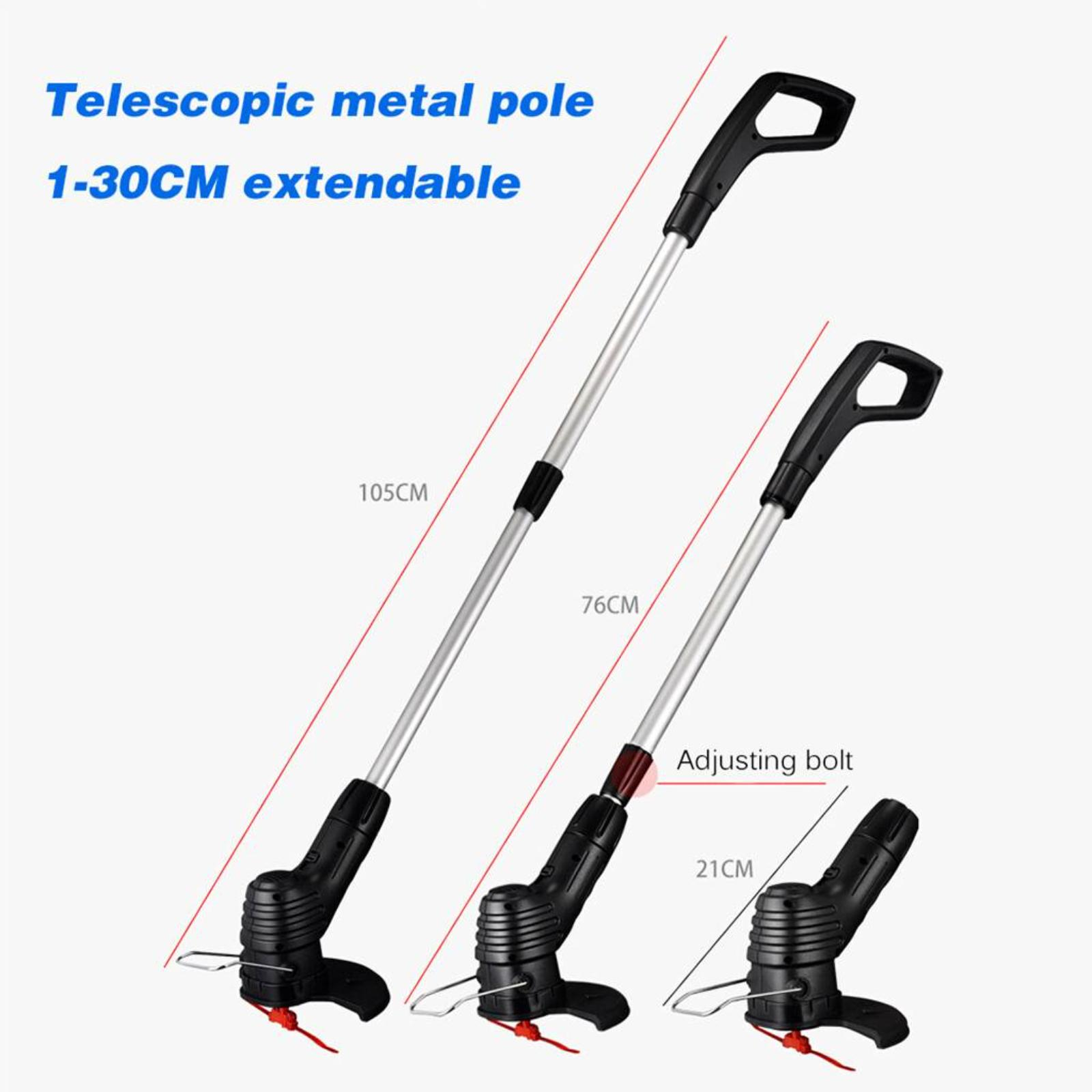Drei Teleskop-Metallstangen für Rasentrimmer. Die längste ist 105 cm, die kürzeste 21 cm.