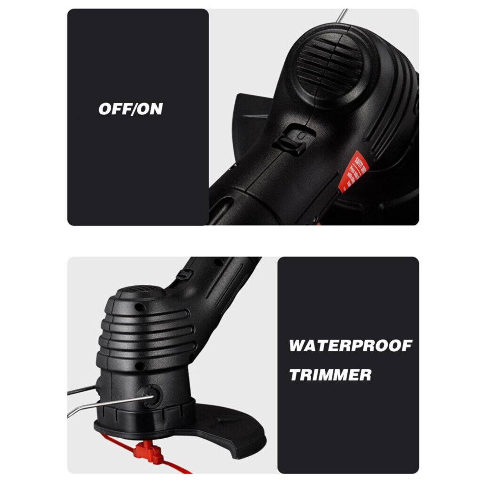 Zwei Bilder, die Details eines Trimmers zeigen. Eines zeigt Ein/Aus, das andere einen wasserdichten Trimmer.