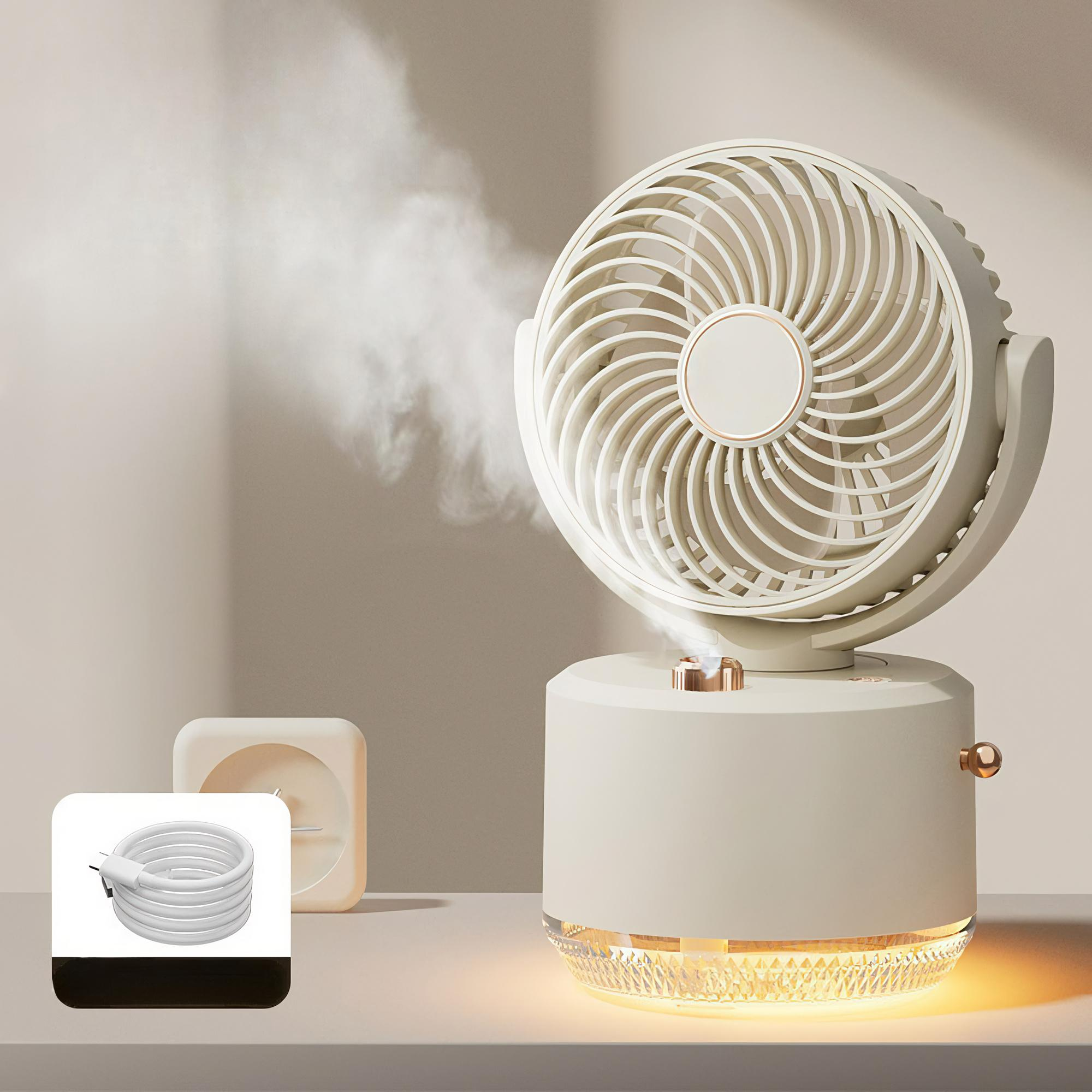 Ein weißer Ventilator mit klarer Basis, der Nebel abgibt, mit einem Ladekabel daneben.