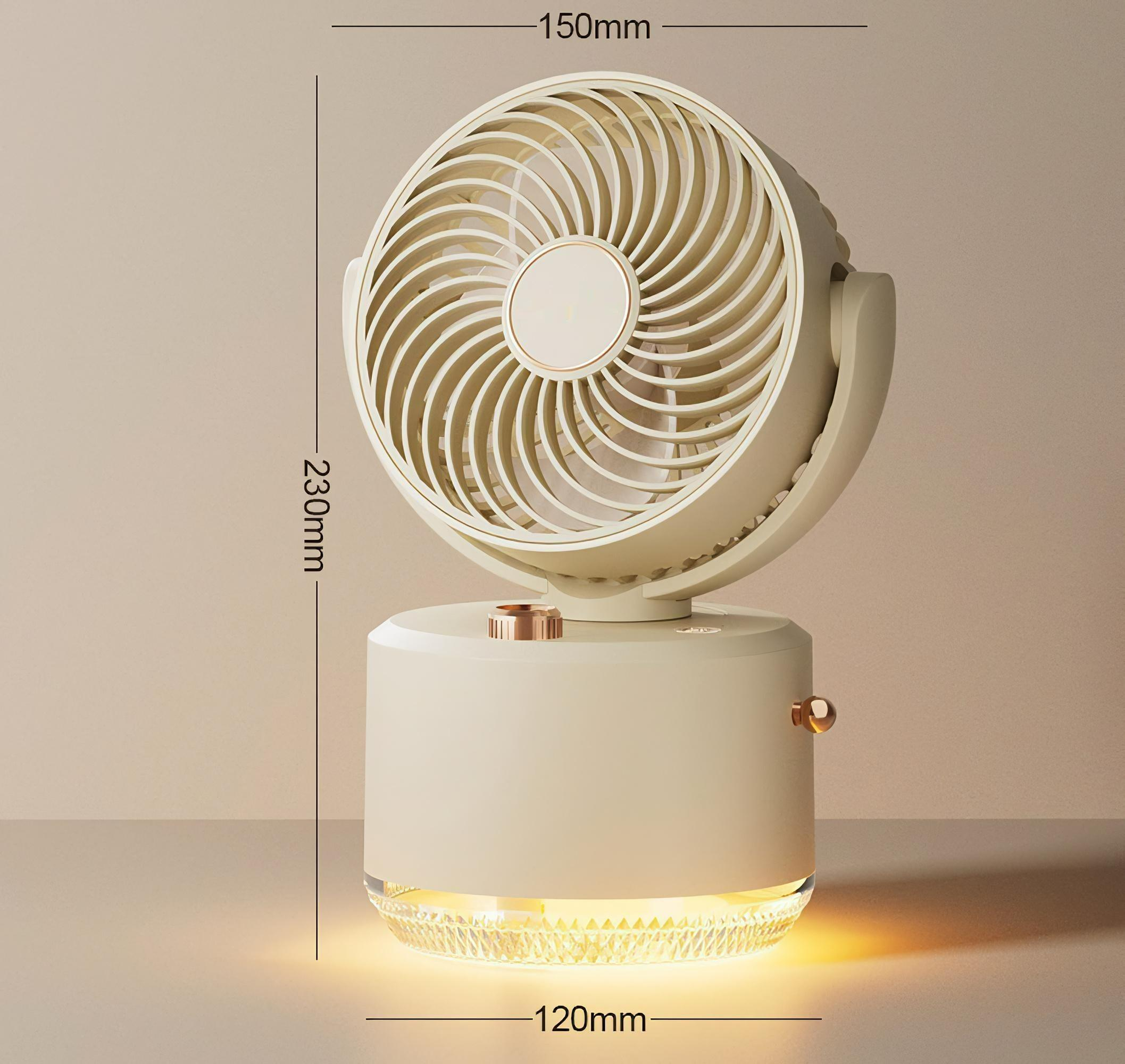 Weißer Ventilator mit beschrifteten Abmessungen. Der Ventilator steht auf einer weißen Oberfläche mit cremefarbenem Hintergrund.