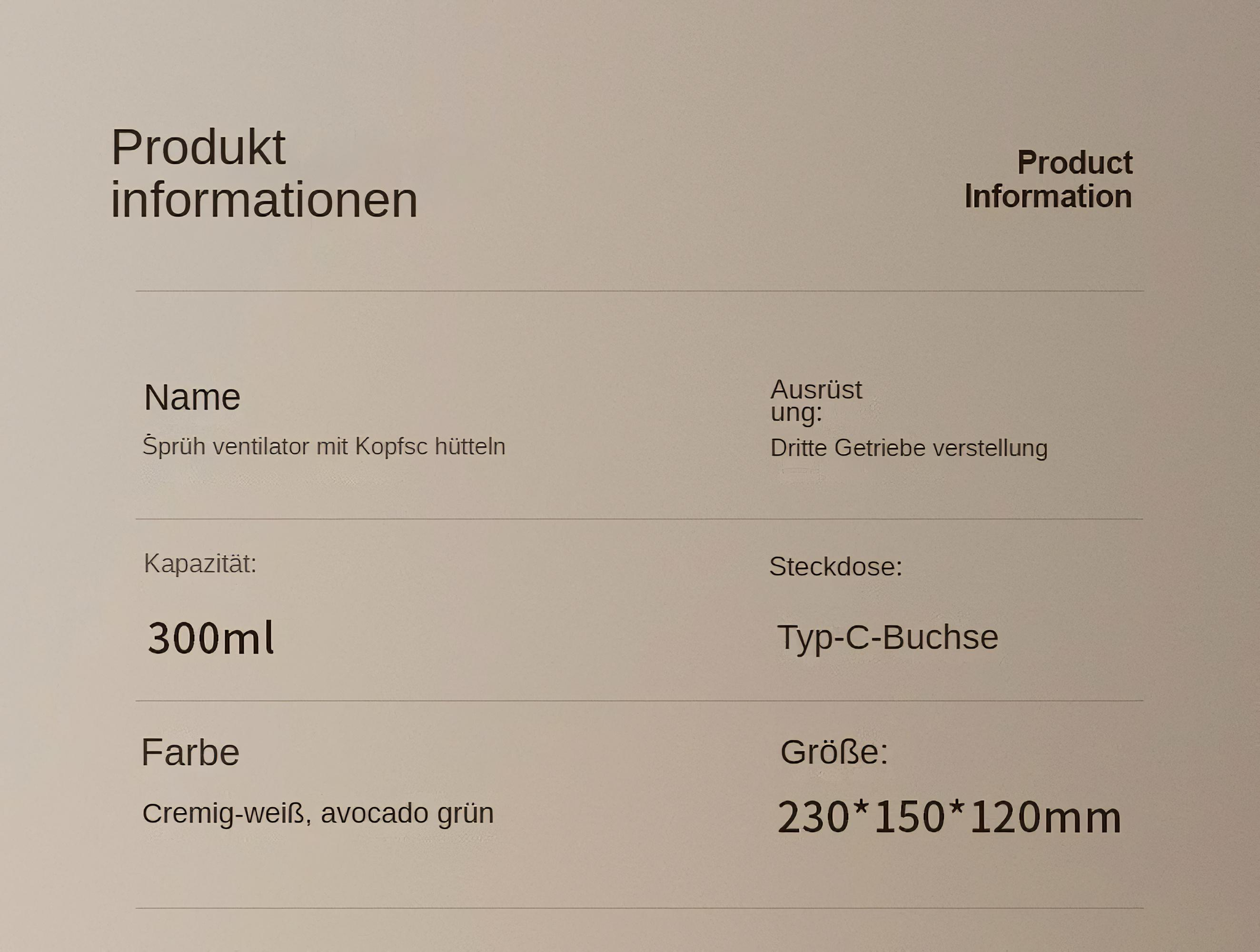 Text mit Produktinformationen, einschließlich Name, Kapazität, Farbe und Größe des Produkts.