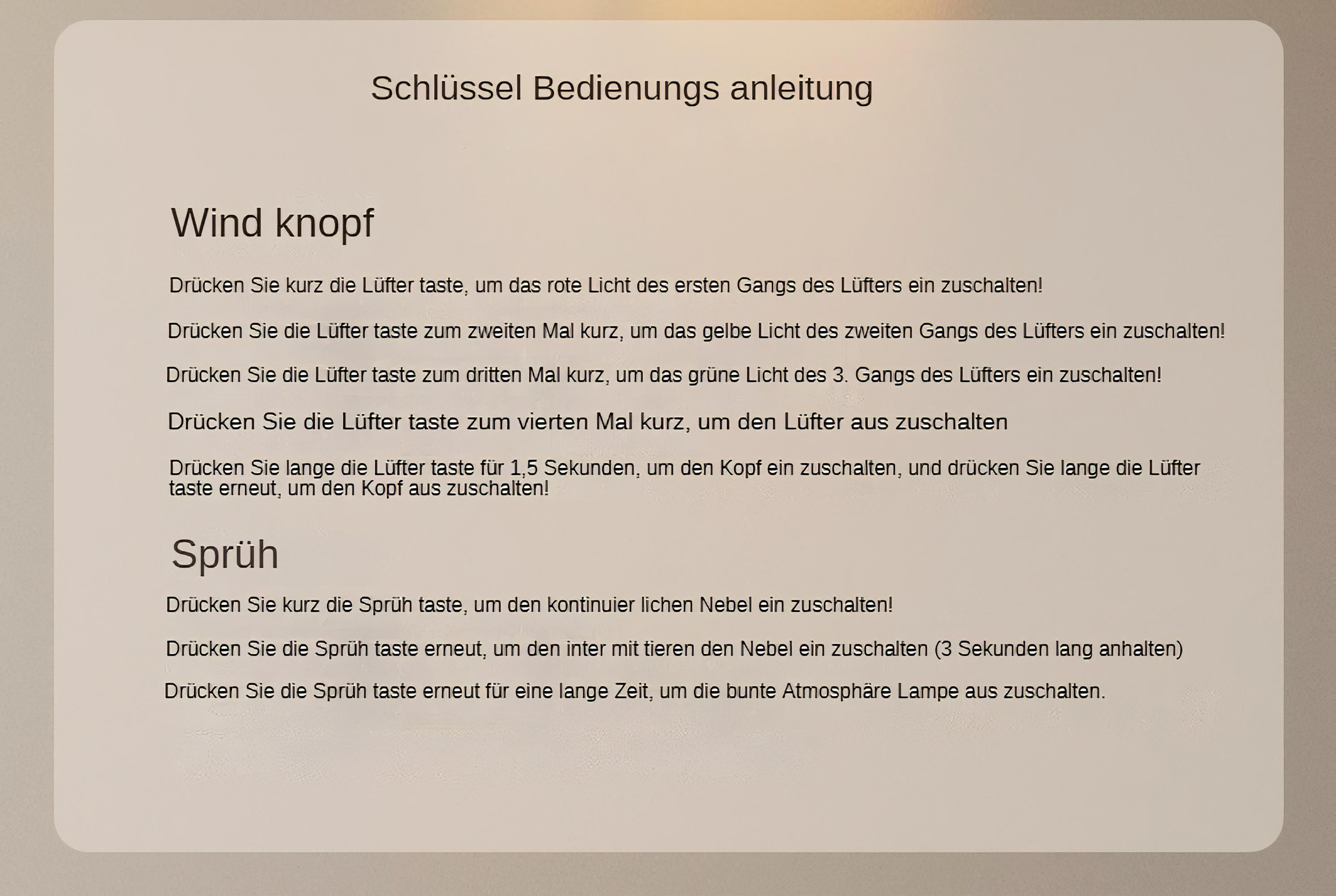 Anweisungen für die Wind- und Sprühfunktionen eines Ventilators, die die Tastendrücke detailliert beschreiben.