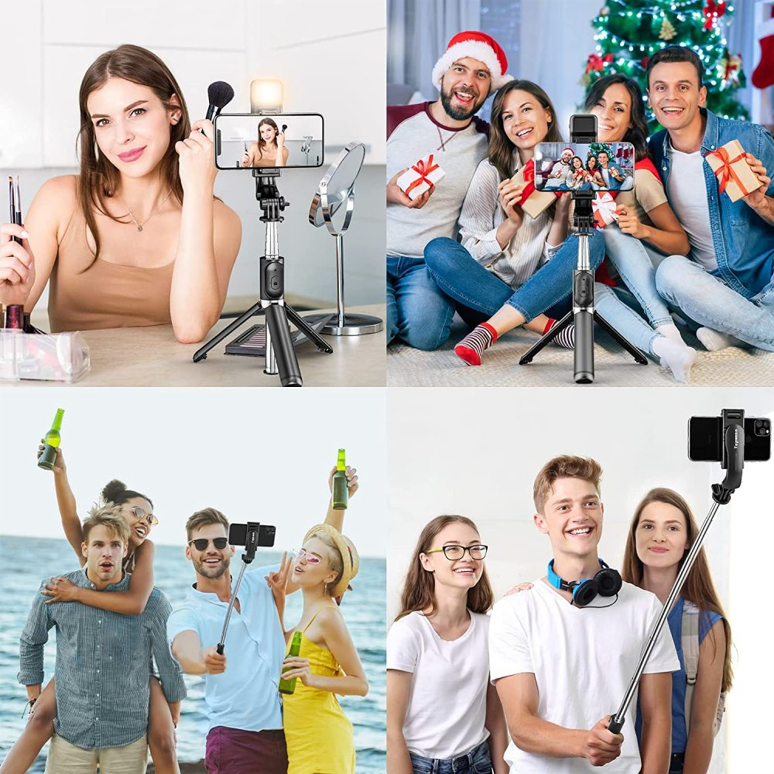 Vier Bilder, die Menschen zeigen, die einen Selfie-Stick für Fotos und Videos in verschiedenen Umgebungen verwenden.