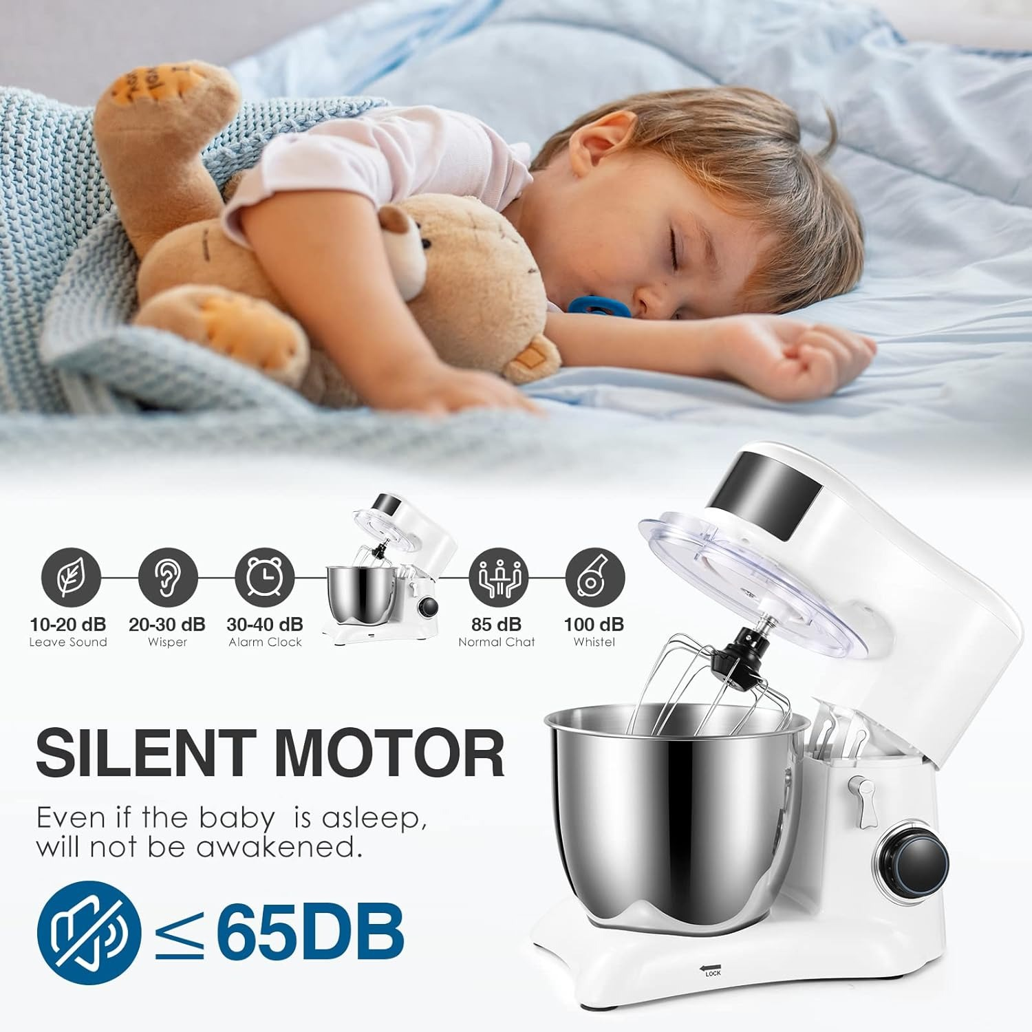 Ein Kind schläft friedlich neben einem Teddybär. Das Bild hebt einen leisen Motor-Standmixer und seinen ruhigen Betrieb hervor.
