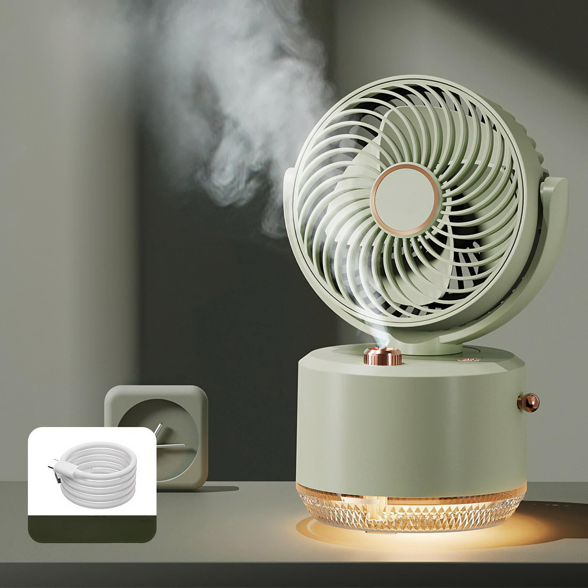 Grüner Desktop-Ventilator mit Wassernebelfunktion. Er hat einen Ventilator, eine Basis und ein Licht.