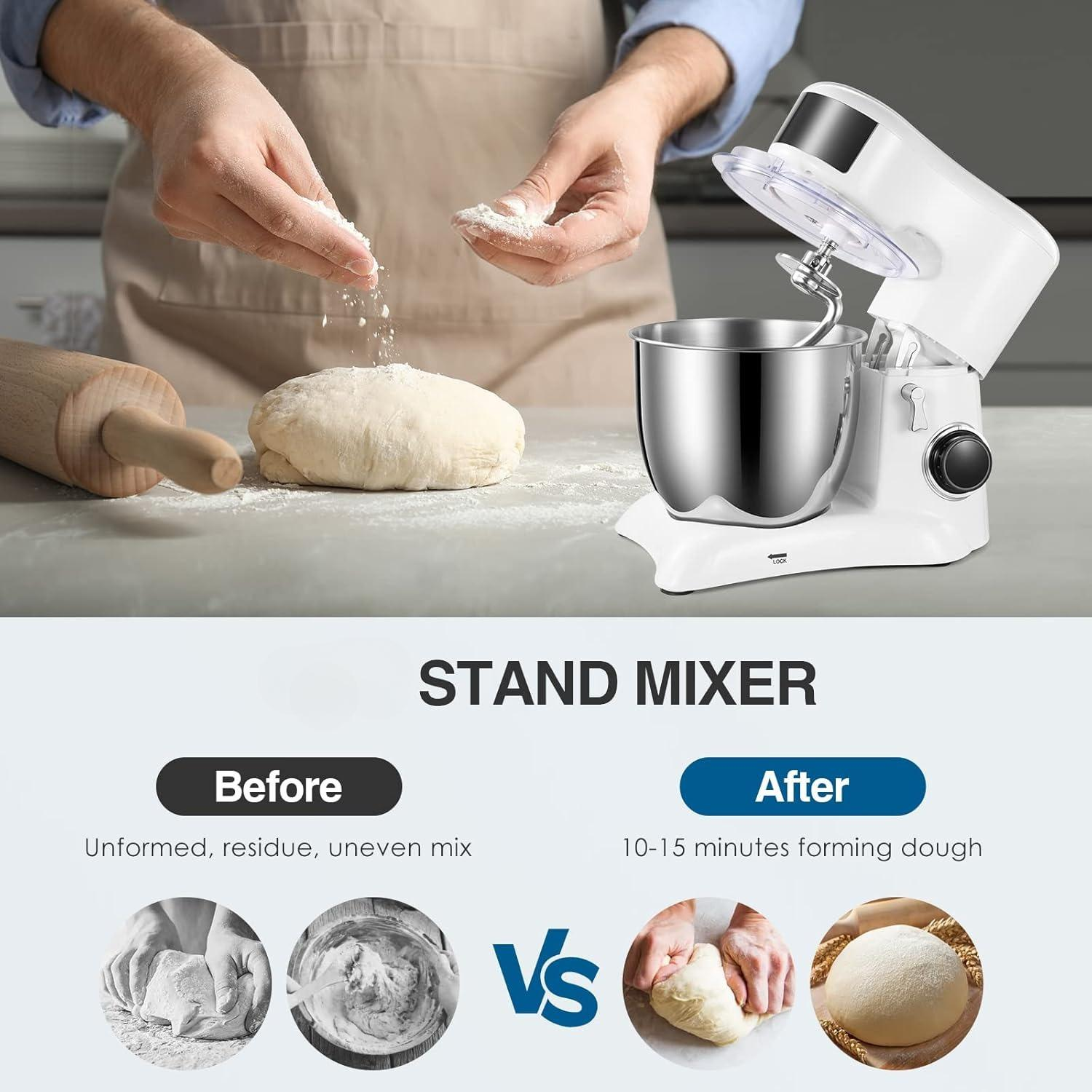 Küchenmixer, der Teig mischt. Vorher: ungeformte Mischung. Nachher: Teig. Hände geben Mehl hinzu.