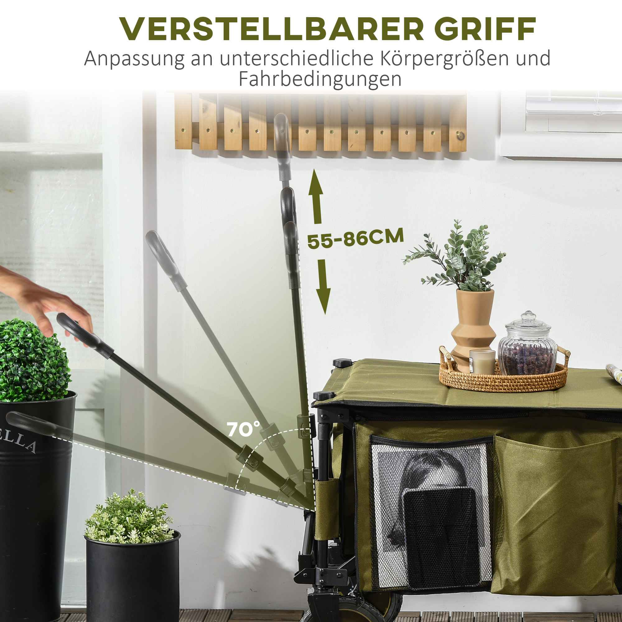 Der Griff eines grünen Transportwagens ist verstellbar. Pfeile und Text zeigen die Höhenverstellung von 55-86cm.