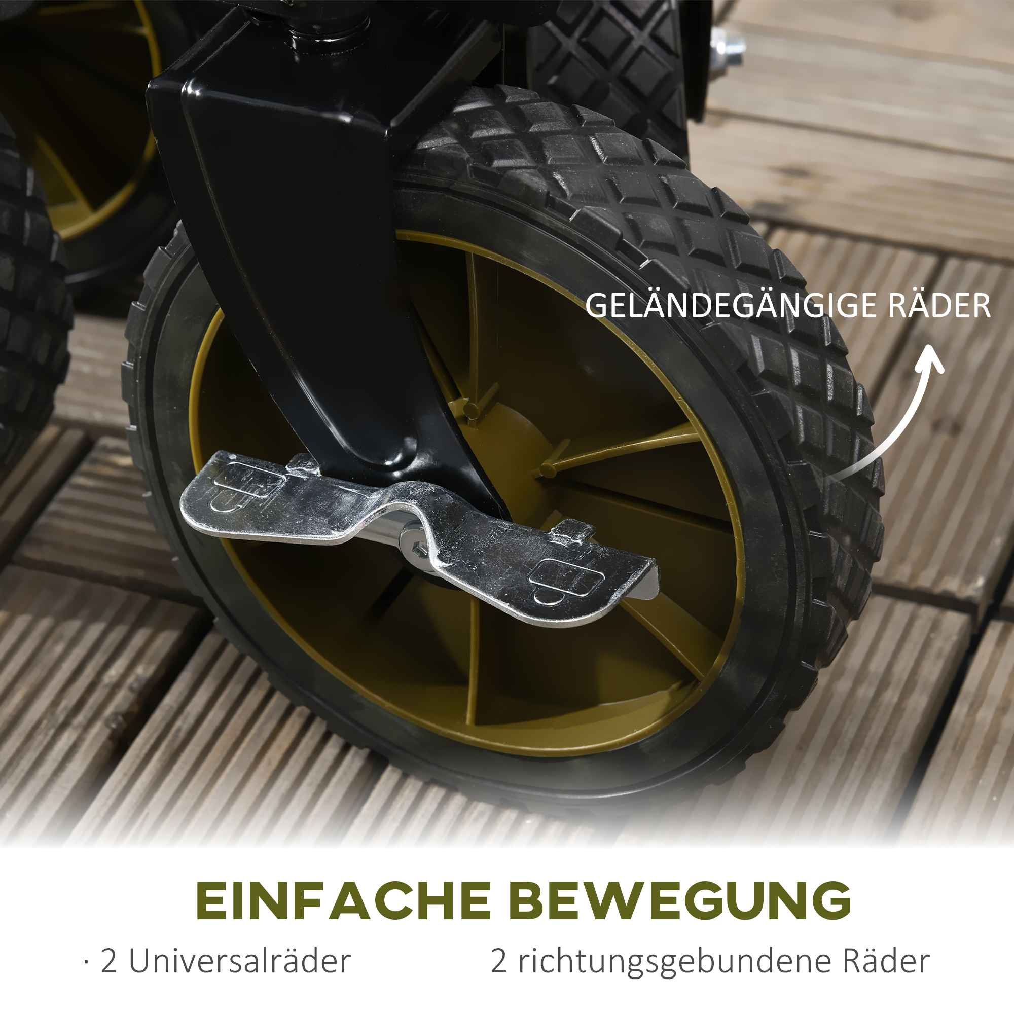 Nahaufnahme eines schwarz-goldenen Rades mit einer Metallfußbremse. Das Rad befindet sich auf einem Wagen.
